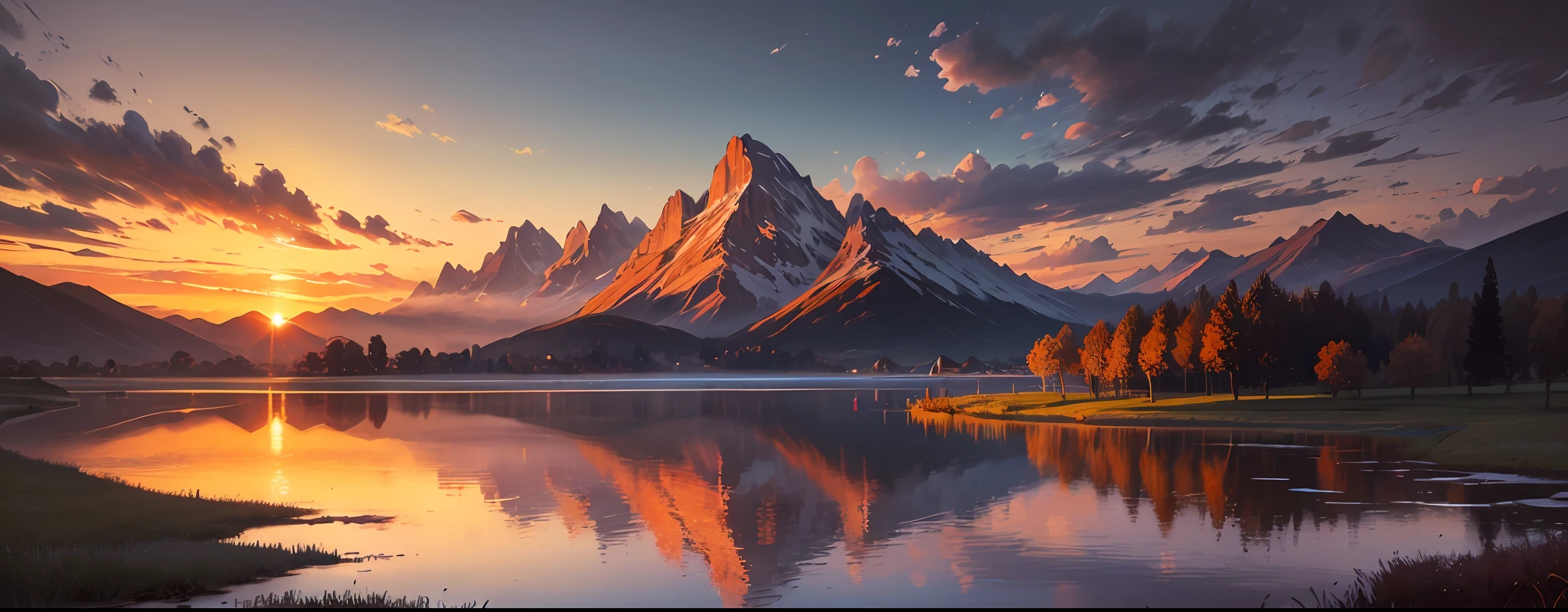 Artwork, masterpiece, painting, impressionism. Monet, van gogh, most beautiful image in the world, awe-inspiring, sunset with mountains in the distance, a beautifull woman bathing in a lake, orange and blue and purple twilight light, hdr, wide angle, long exposure, rule of thirds --auto