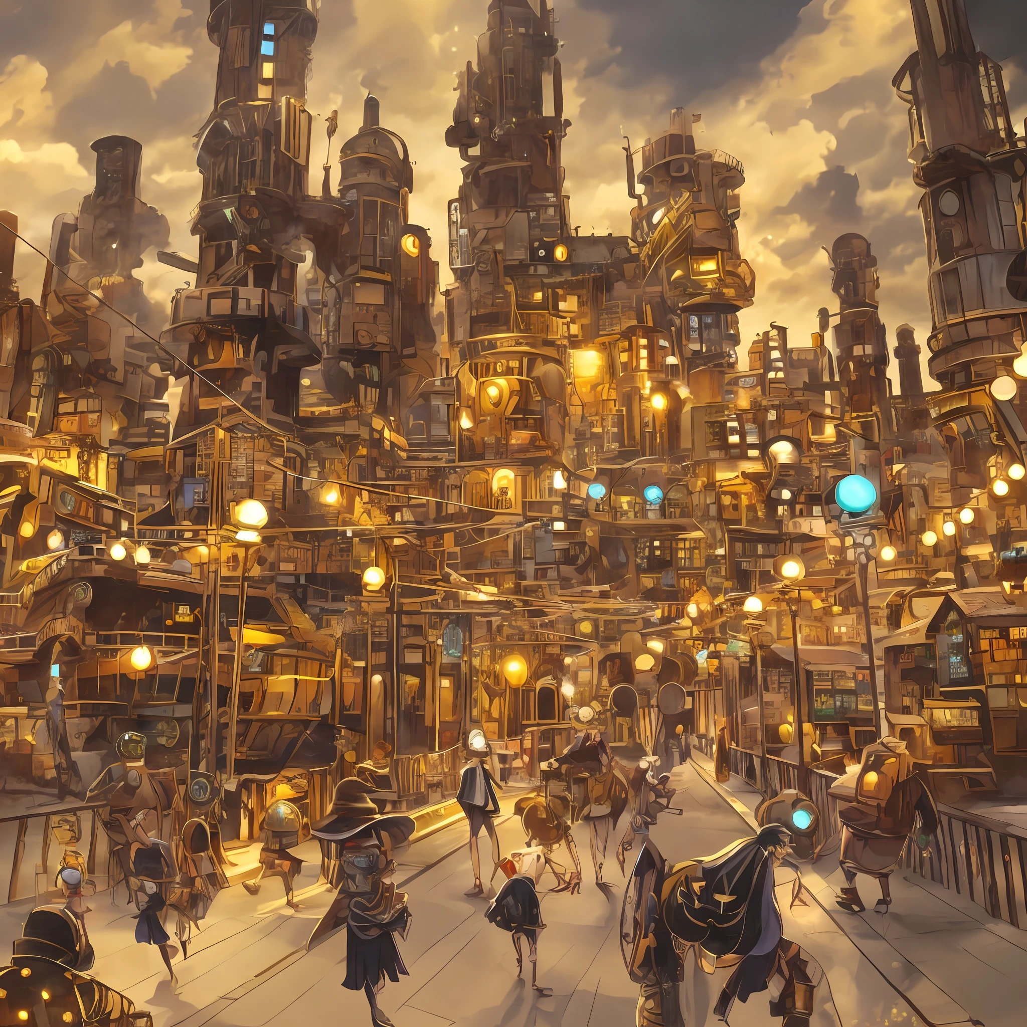 Anime scene in the city where many people are walking, a bustling magical town, in steampunk cityscape, a steampunk city, The resonance of the art of the Tower of Fortune, Steampunk City, hd anime cityscape, Beautiful city of the future, anime scenery concept art, ancient steampunk city, 2. 5 d cgi anime fantasy artwork, golden steampunk city atmosphere