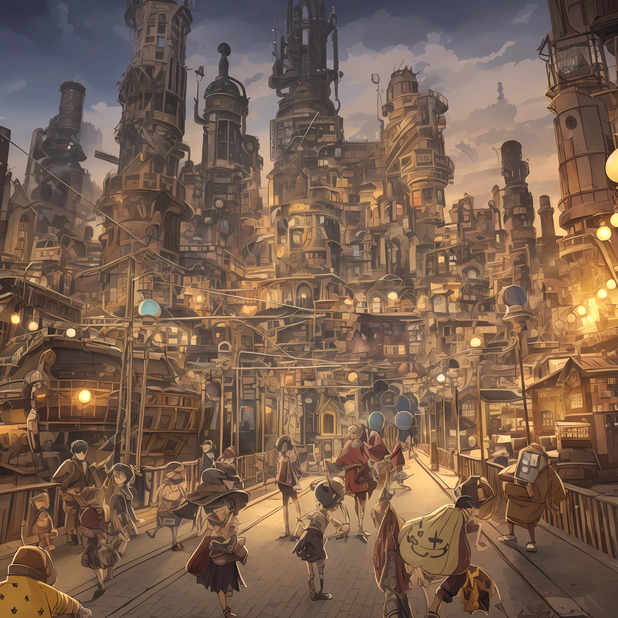 Anime scene in the city where many people are walking, a bustling magical town, in steampunk cityscape, a steampunk city, The resonance of the art of the Tower of Fortune, Steampunk City, hd anime cityscape, Beautiful city of the future, anime scenery concept art, ancient steampunk city, 2. 5 d cgi anime fantasy artwork, golden steampunk city atmosphere