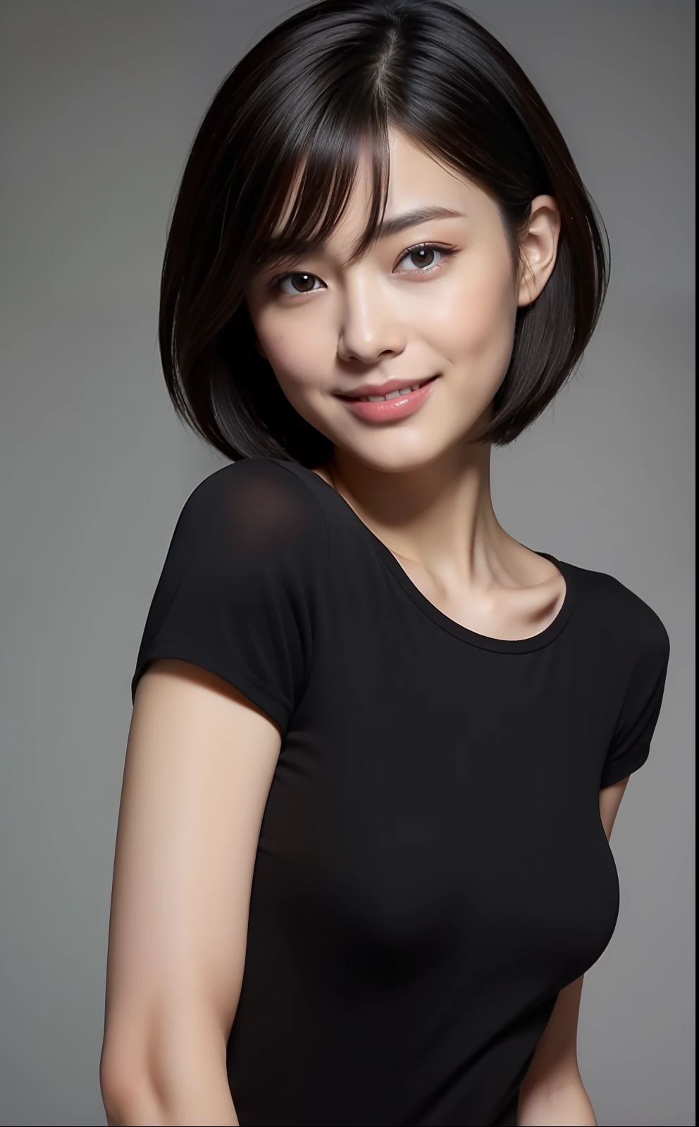 (masterpiece:1.3), (8k, photorealistic, RAW photo, best quality: 1.4), japanese, (1girl), beautiful face, (realistic face), (black hair, short hair:1.3), beautiful hairstyle, realistic eyes, beautiful detailed eyes, (realistic skin), beautiful skin, attractive, ultra high res, ultra realistic, highly detailed, golden ratio, detaled face,looking at viewer,smile,open white shirt,medium breasts,standing,hand on hip
