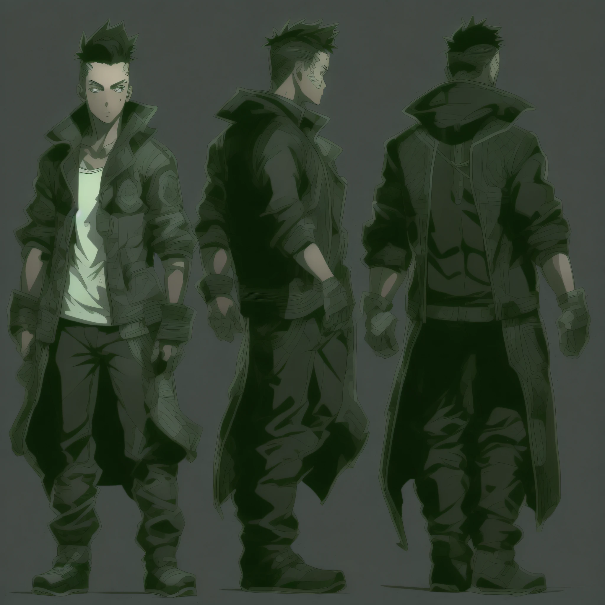Create the art of a young male human character with a normal body and average height, vestindo camiseta, jaqueta de trincheira longo da cor preta, Estilo detetive Noir, Estilo Shadowrun,  Personagem inspirado em Shadowrun