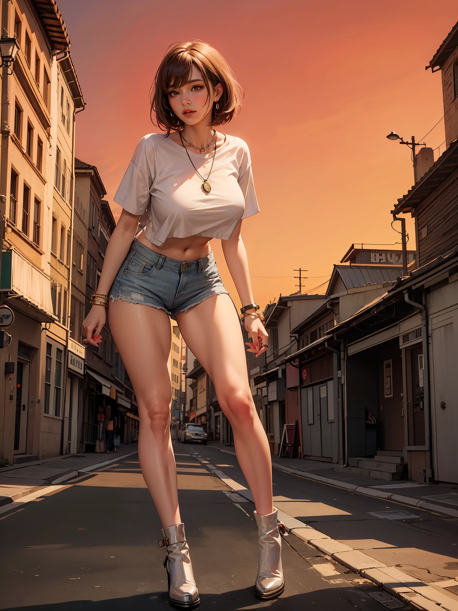 Best quality, full body portrait, delicate face, red short hair, bob haircut, forehead, 18 year old girl, slim figure, huge bust, oversized T-shirt, under boobs, leaning forward, crotch gap, cameltoe, low waist shorts, showed string panties, sunset bridge, vintage vespa behind, scene, standing tall, long leg , necklace, rings, earrings, bracelet, watch, open legs,