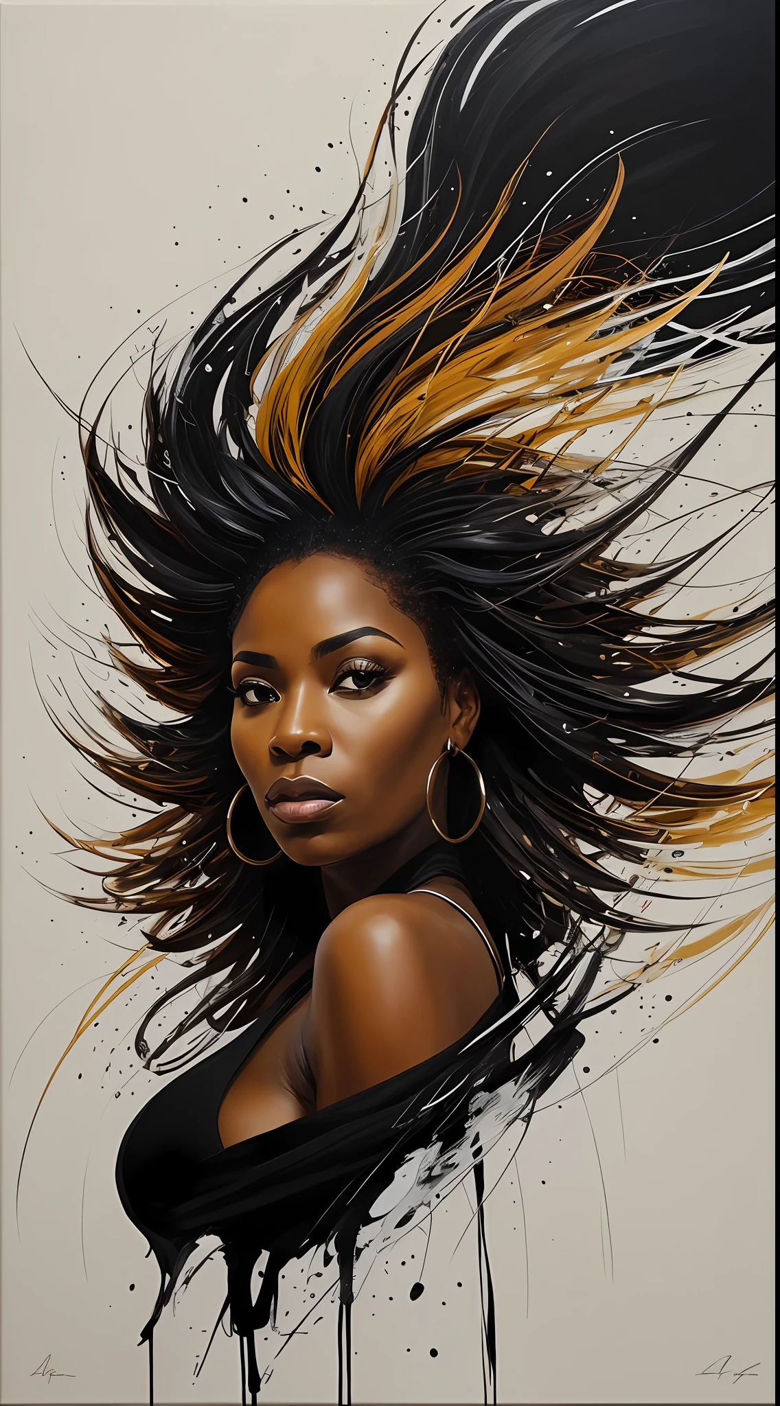 An abstract depiction of a black woman, 40 anos, cabelos cacheados negros, showcasing her strength and resilience through dynamic brushstrokes and bold colors. The artwork exudes a sense of power and determination, representing the indomitable spirit of black women. This style is suited for a contemporary and empowering wall art piece.
