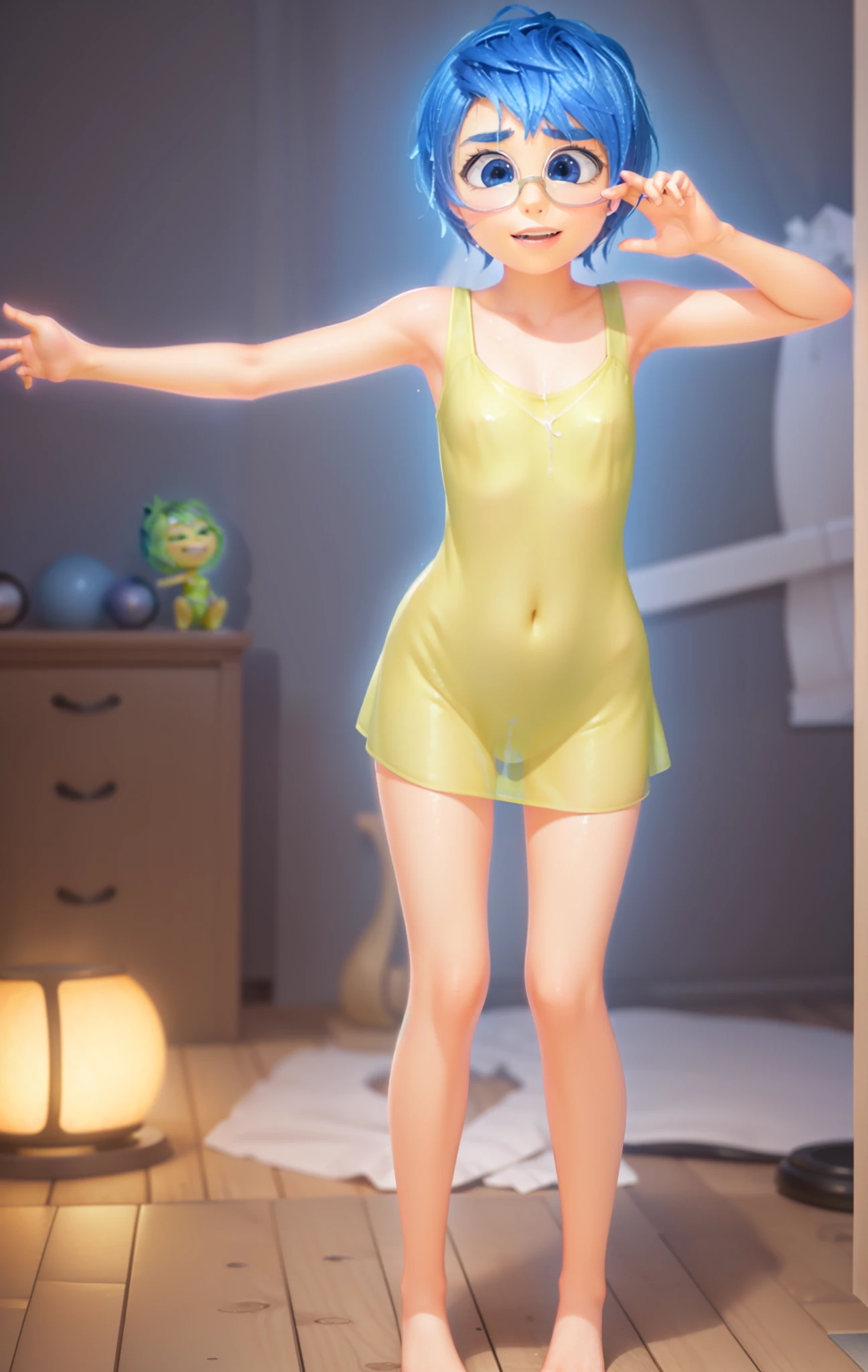 Masterpiece, Best Quality, (joying_Inside out, yellow skin, ),  Happy, wet transparent mini green dress,  Pixar, cartoony, 3D Rendering, little chest, sexy expression, flirty, bare footed, view between legs, panty, showing panties, panties visible, ((Masterpiece)),((Best Quality)),, Sunlight, (half closed eyes:0.4), (parted lips:1.4), (nose blush:1.2), slight smile, breasts visible, Showing breasts, sperm, detailed cum, detailed between legs, décolleté, Jerking off, masturbating, butt POV, turned back to the viewer, bent over