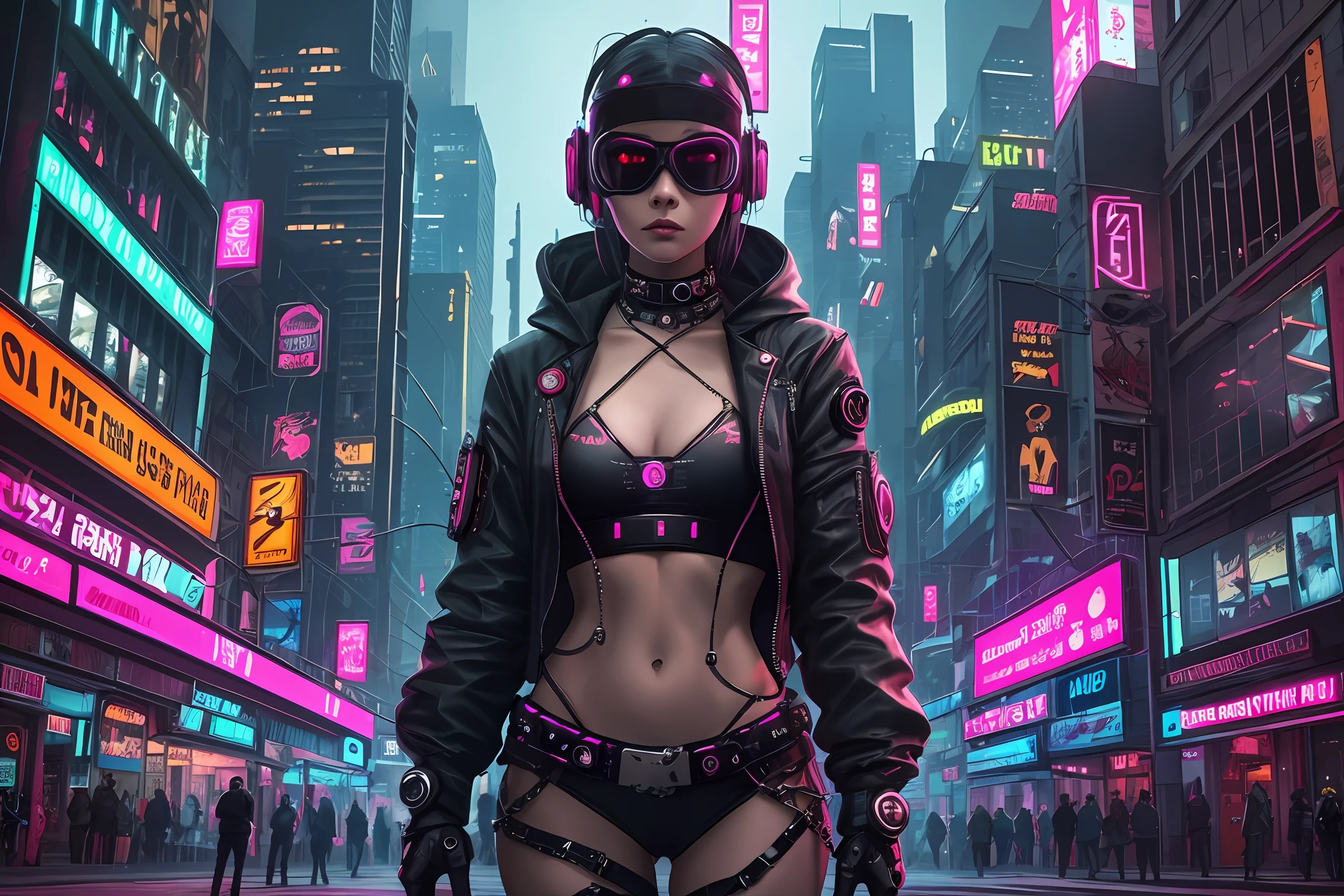 Uma imagem de um detetive cyberpunk, Dressed in a futuristic and seductive outfit with enhanced technology, navigating the neon-lit streets of a dystopian metropolis at night. The scene fuses elements of the cyberpunk aesthetic with detective noir, criando uma atmosfera cativante e misteriosa. --auto --s2