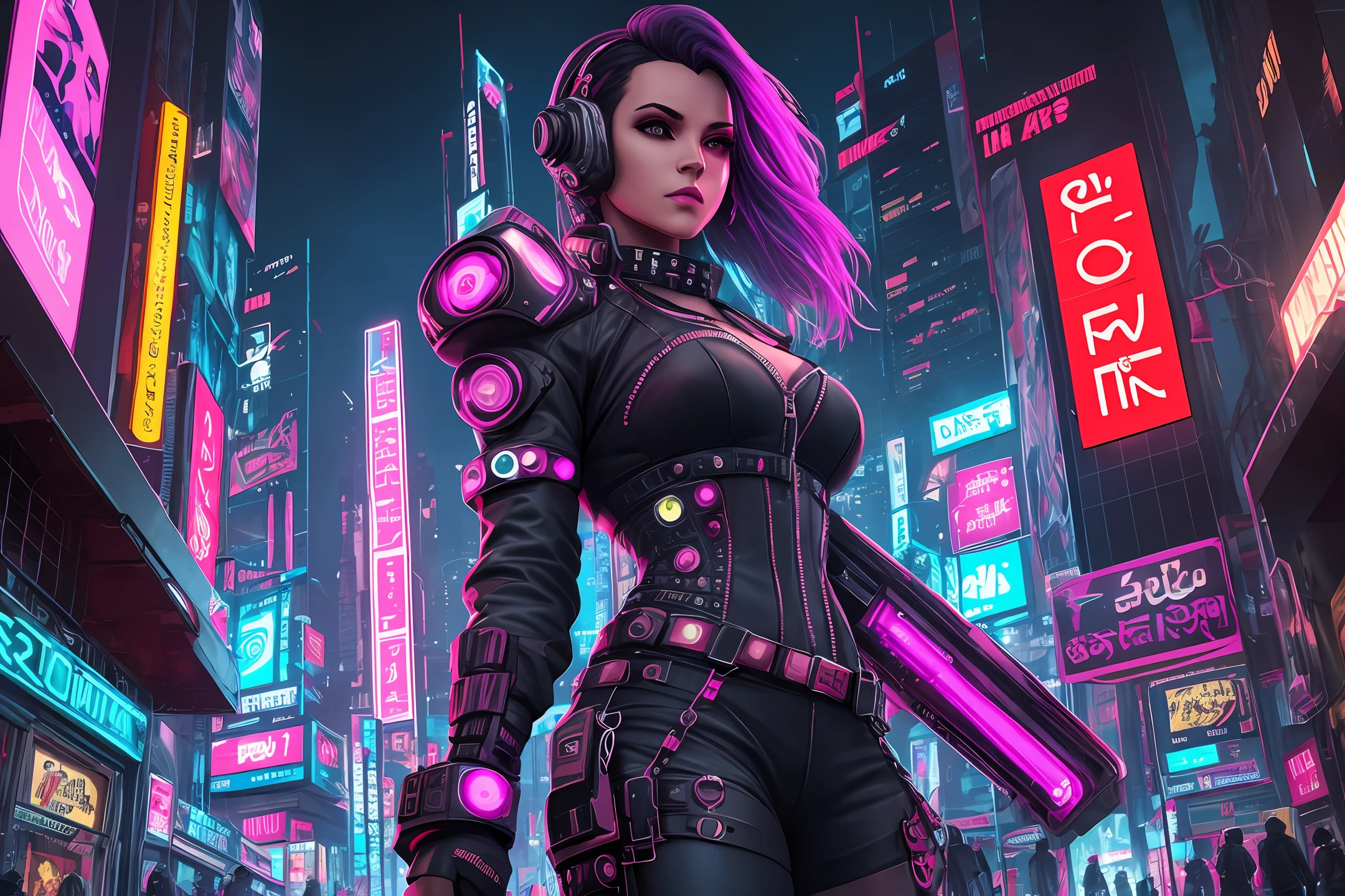 Uma imagem de um detetive cyberpunk, Dressed in a futuristic and seductive outfit with enhanced technology, navigating the neon-lit streets of a dystopian metropolis at night. The scene fuses elements of the cyberpunk aesthetic with detective noir, criando uma atmosfera cativante e misteriosa. --auto --s2