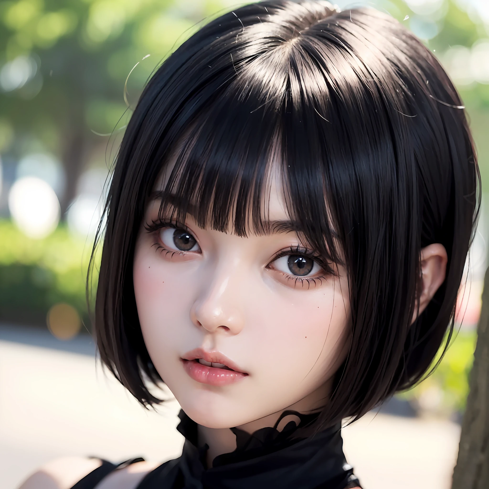Alafed woman in black top and black tie, real life anime girl, Stunning anime face portrait, realistic young anime girl, Hyper realistic anime, kawaii realistic portrait, cute natural anime face, photorealistic anime, realistic anime 3 d style, Beautiful Anime Face, With short hair, black hime-cut hair, extremely cute anime girl face