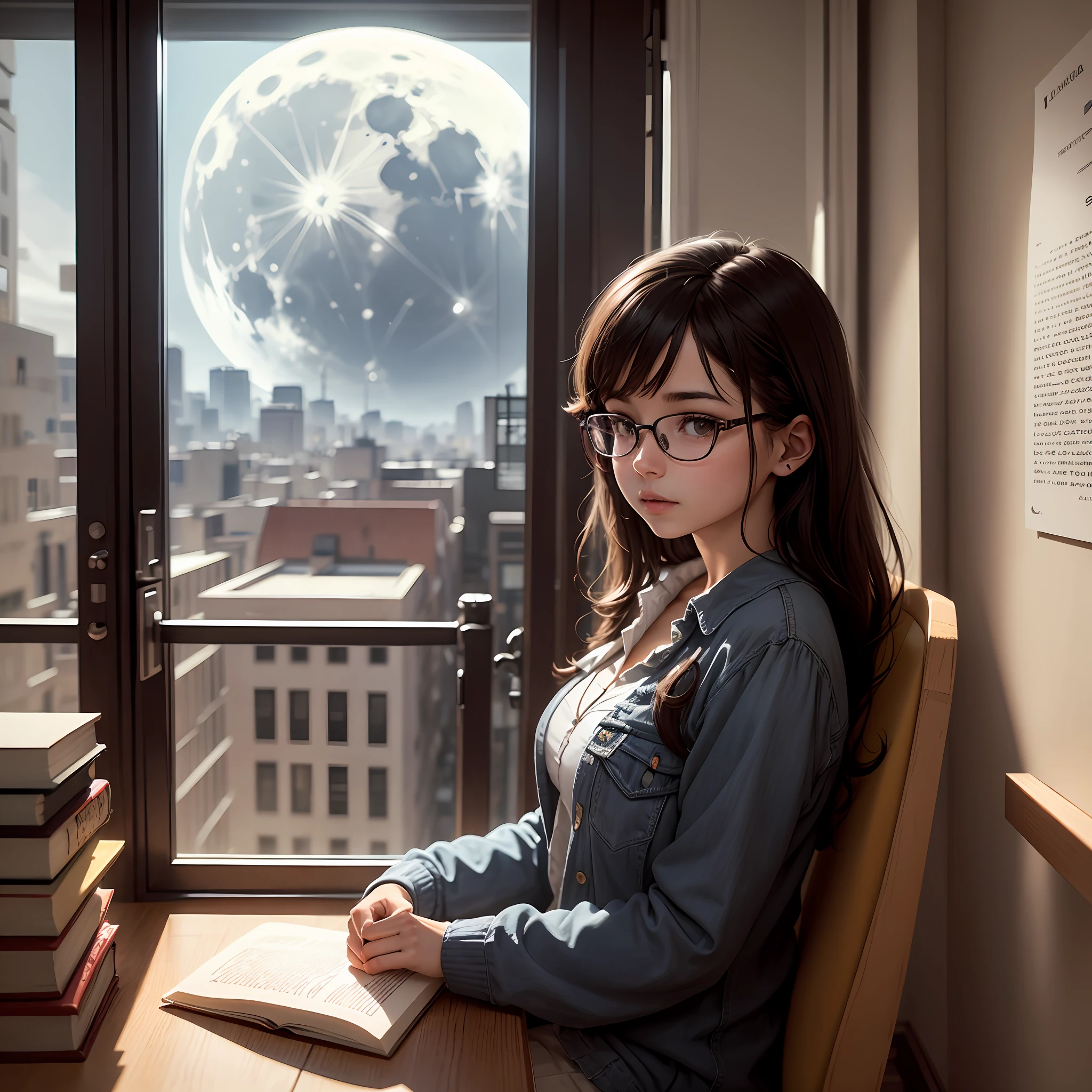 The place is a giant library, camera vista de baixo, sobras perfeitas, imagem perfeita, a girl is reading a book, The girl wears prescription glasses, a garota tem o cabelo preto liso e curto, The girl is looking at the book, You can see the gigantic moon from the window, only has one window(usando um colar de lua) (in the book is accepted: Sukuri) --auto