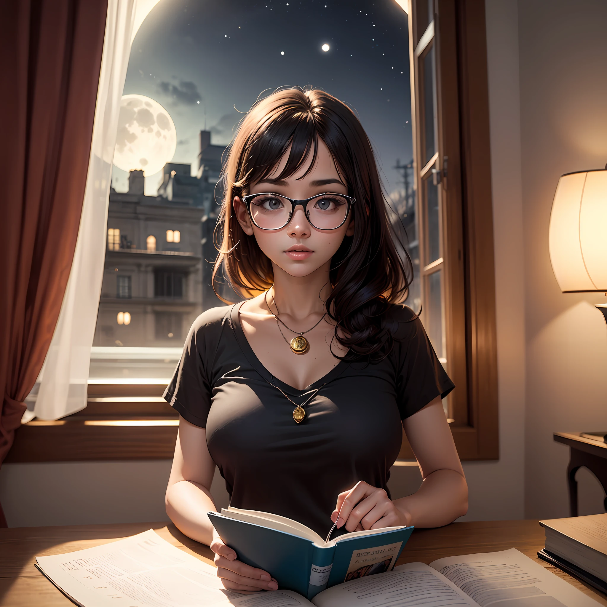 The place is a giant library, camera vista de baixo, sobras perfeitas, imagem perfeita, a girl is reading a book, The girl wears prescription glasses, a garota tem o cabelo preto liso e curto, The girl is looking at the book, You can see the gigantic moon from the window, only has one window(usando um colar de lua) (in the book is accepted: Sukuri) --auto