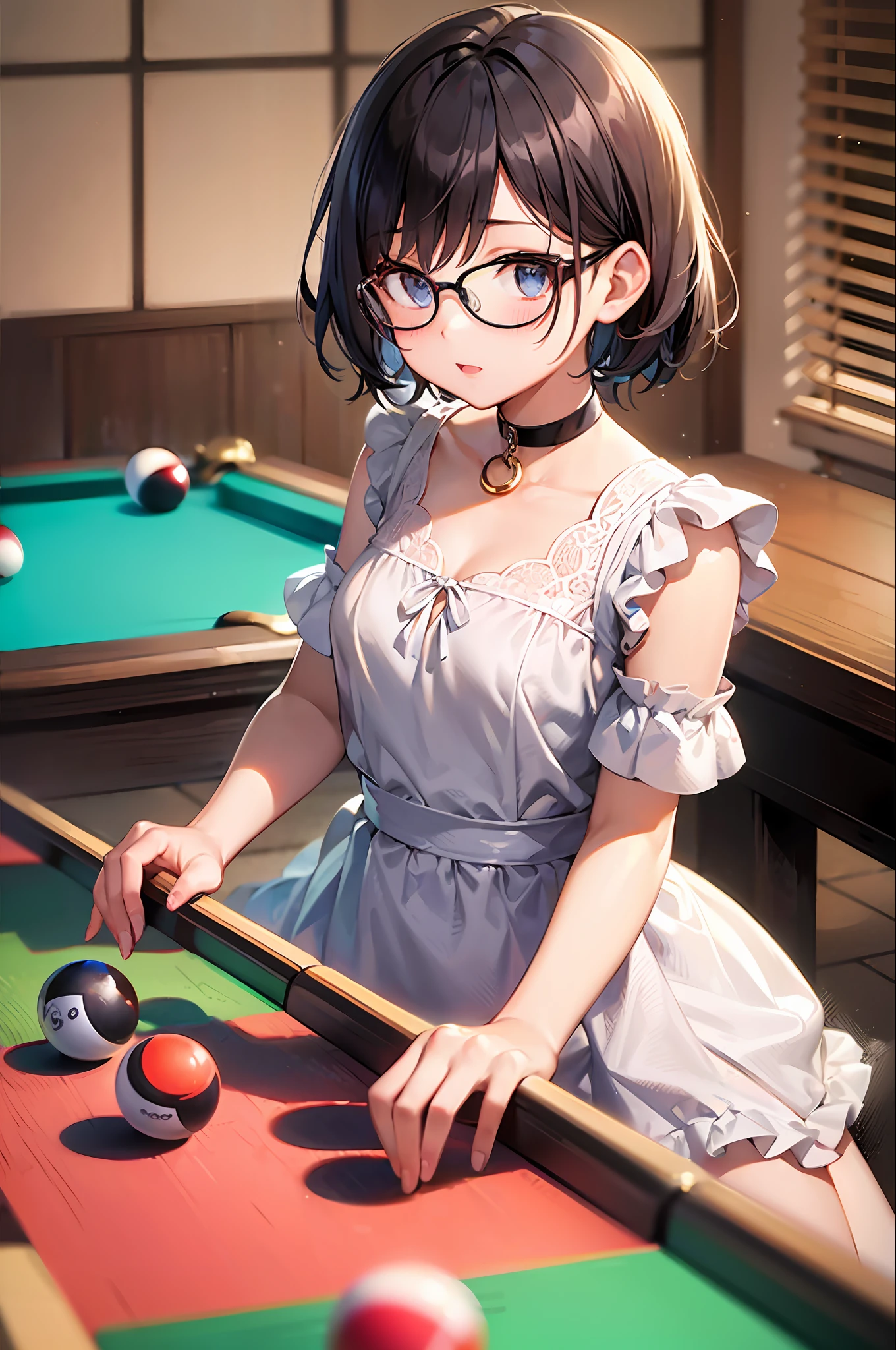 (top-quality、超A high resolution、13-year-old Japan girl、Short hair、A dark-haired、hair adornments、eye glasses、small tits)、White Dress、pool table、Holding a billiard stick、tuxedo