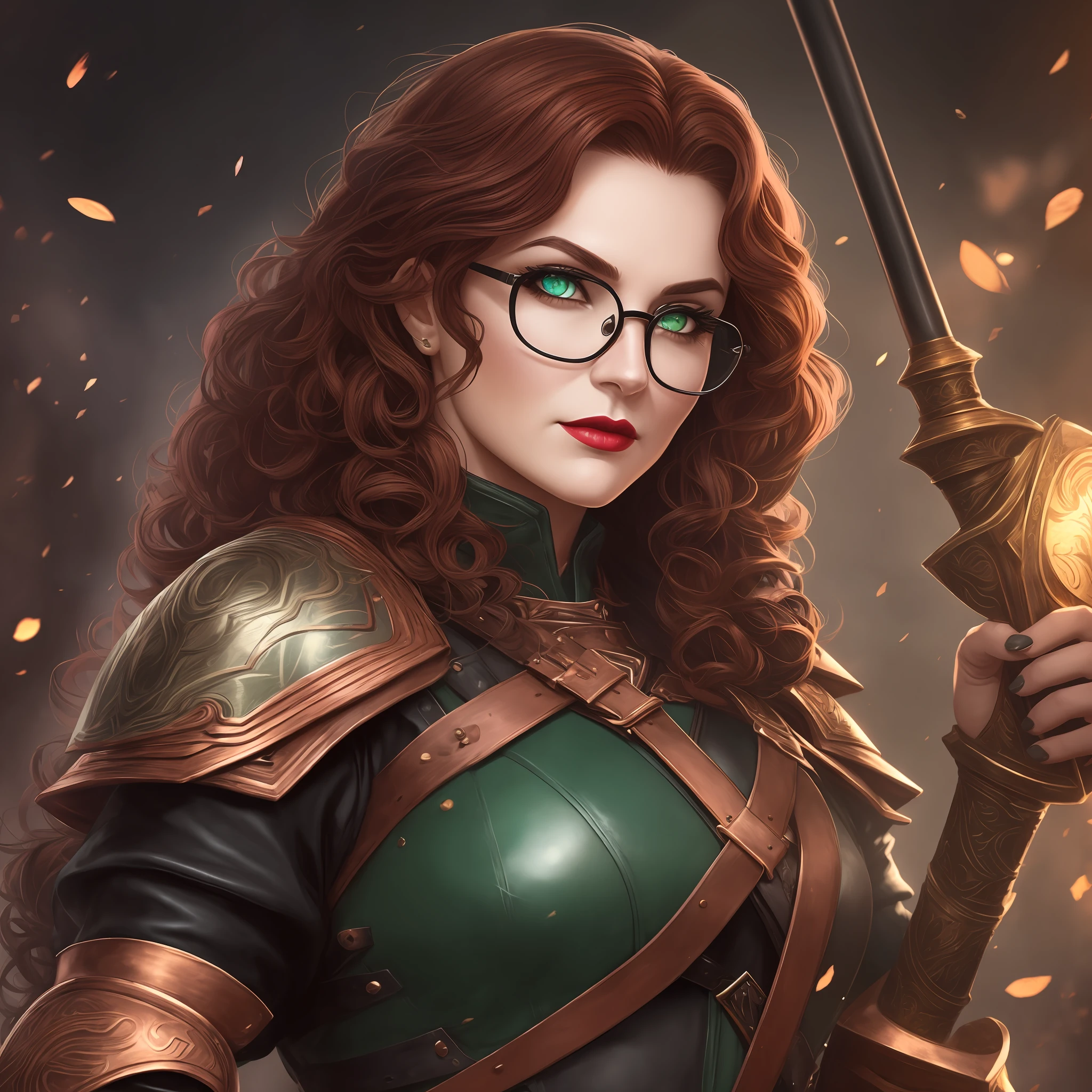 Wise, battle hardened and chubby round faced middle-aged female mage, donning glasses over her large almond-shaped dark green eyes. She wears black leather armor. Her dark brown and copper hair is short and curly, and she completes her look with a staff and a bold maroon red lipstick."