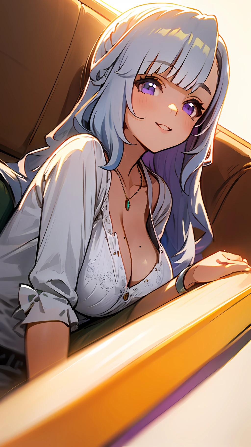 ((masterpiece)), ((best quality)), (ultra-detailed), ((kawaii)), cute, (lovely), ((sexy)), (ero), ((extremely detailed)), 4K, (8K), best quality, (beautiful), anime style, dynamic angle, upper body, look up from below, full body focus, Western style room, sofa, morning, a cute girl, 1girl, solo, underwear, beautiful light brown hair, beautiful purple eyes, ((beautiful eyes)), white-skinned, long hair, transparent hair, translucent hair, large breast, necklace, light smile, lens flare, shiny-glistening, gleaming