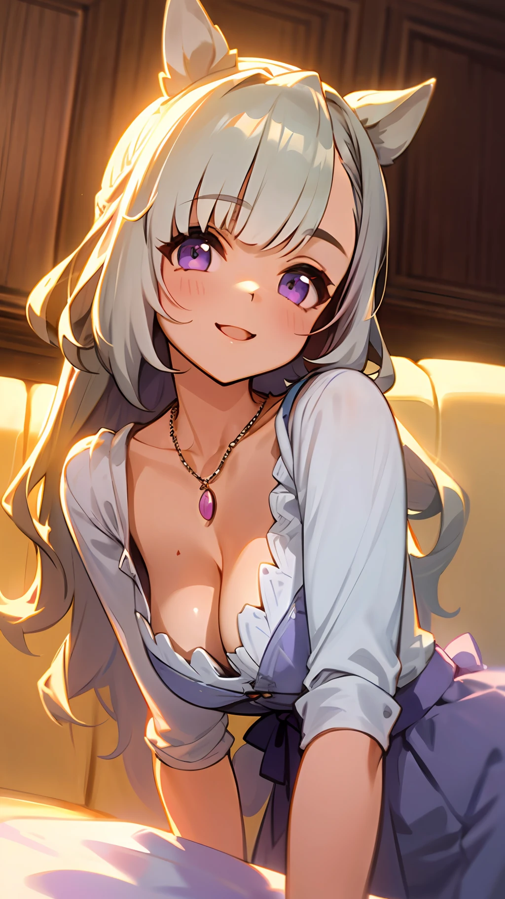 ((masterpiece)), ((best quality)), (ultra-detailed), ((kawaii)), cute, (lovely), ((sexy)), (ero), ((extremely detailed)), 4K, (8K), best quality, (beautiful), anime style, dynamic angle, upper body, look up from below, full body focus, Western style room, sofa, morning, a cute girl, 1girl, solo, underwear, beautiful light brown hair, beautiful purple eyes, ((beautiful eyes)), white-skinned, long hair, transparent hair, translucent hair, large breast, necklace, light smile, lens flare, shiny-glistening, gleaming