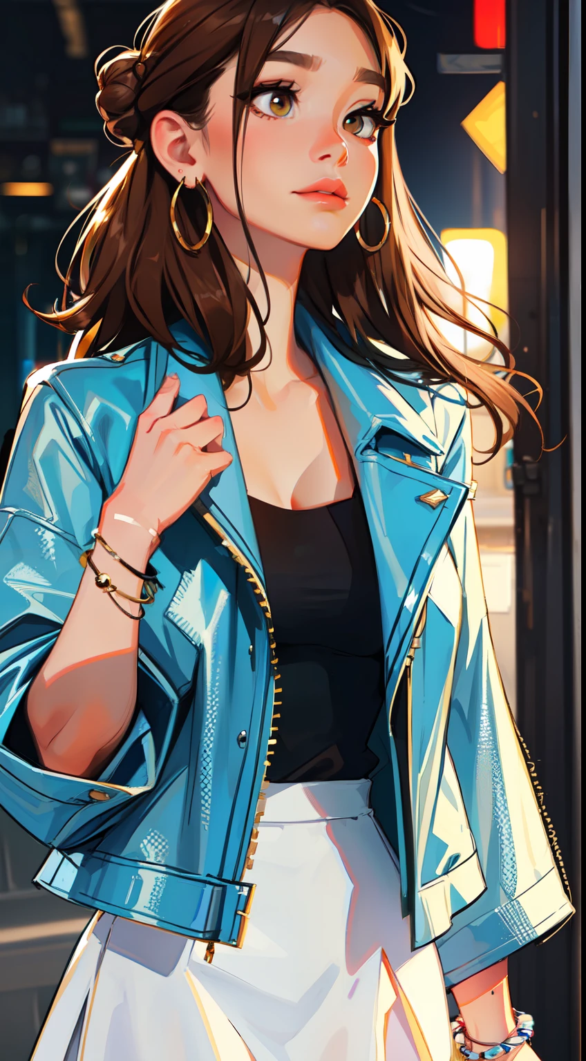 The environment is blurry and elegant, Model, High contrast required, jewels, earings, Upskirt, Shirt, jacket, brown hair, white shirt, A bracelet, hair bun, single hair bun, long skirt, closed mouth, Hoop earrings, blue jacket, sleeves rolled up, Revealing clothes, makeup, white skirt