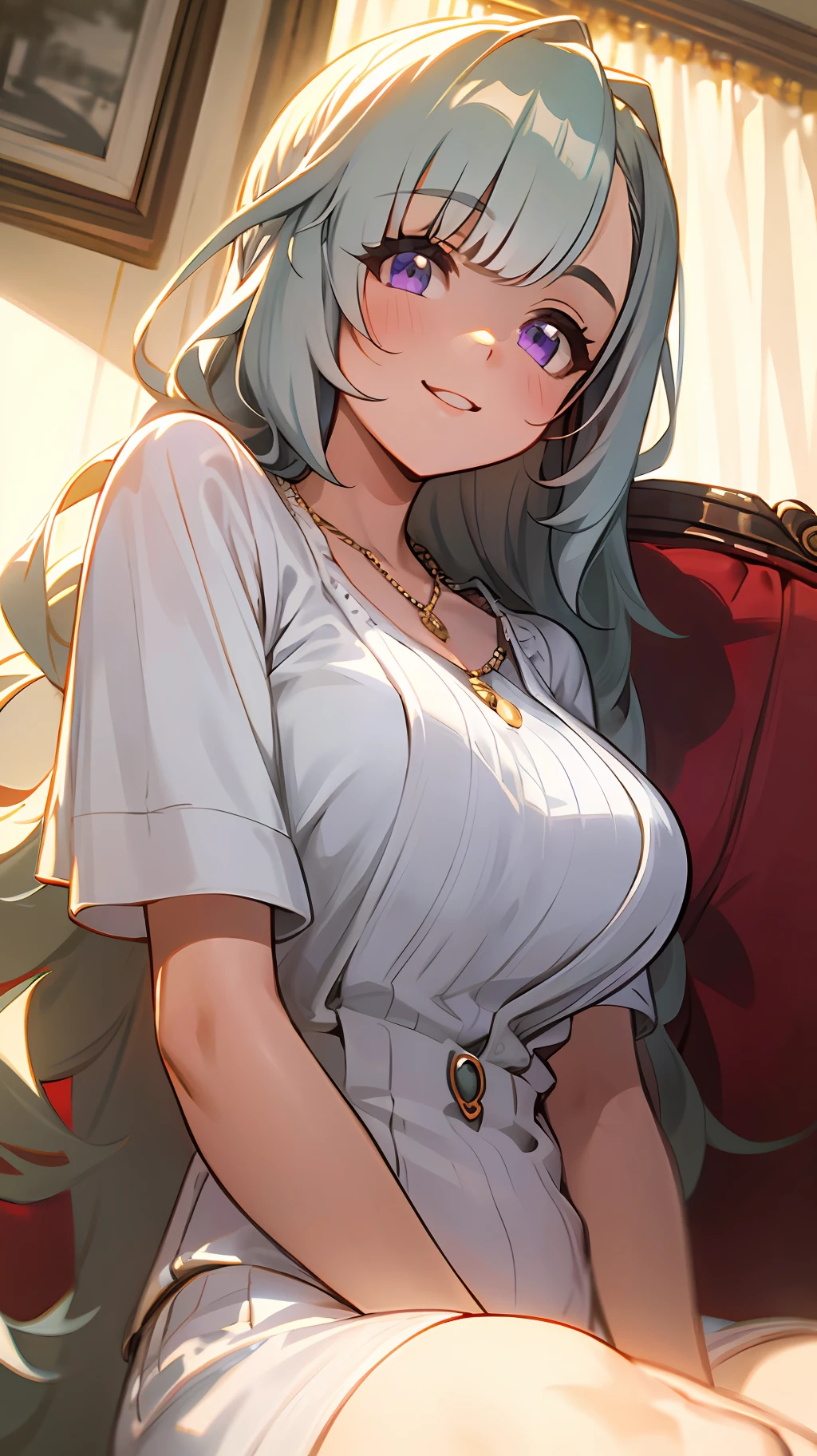 ((masterpiece)), ((best quality)), (ultra-detailed), ((kawaii)), cute, (lovely), ((sexy)), (ero), ((extremely detailed)), 4K, (8K), best quality, (beautiful), anime style, dynamic angle, upper body, look up from below, full body focus, Western style room, sofa, morning, a cute girl, 1girl, solo, underwear, beautiful light brown hair, beautiful purple eyes, ((beautiful eyes)), white-skinned, long hair, transparent hair, translucent hair, large breast, necklace, light smile, lens flare, shiny-glistening, gleaming