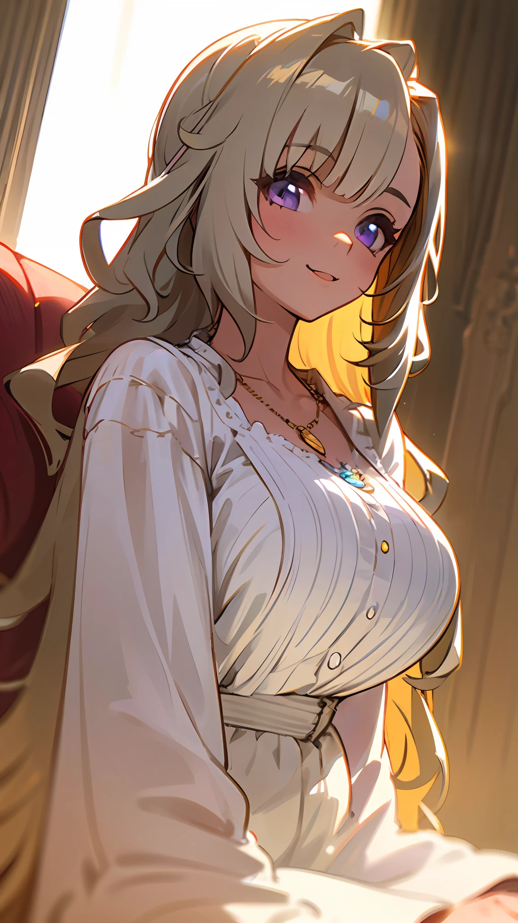 ((masterpiece)), ((best quality)), (ultra-detailed), ((kawaii)), cute, (lovely), ((sexy)), (ero), ((extremely detailed)), 4K, (8K), best quality, (beautiful), anime style, dynamic angle, upper body, look up from below, full body focus, Western style room, sofa, morning, a cute girl, 1girl, solo, underwear, beautiful light brown hair, beautiful purple eyes, ((beautiful eyes)), white-skinned, long hair, transparent hair, translucent hair, large breast, necklace, light smile, lens flare, shiny-glistening, gleaming