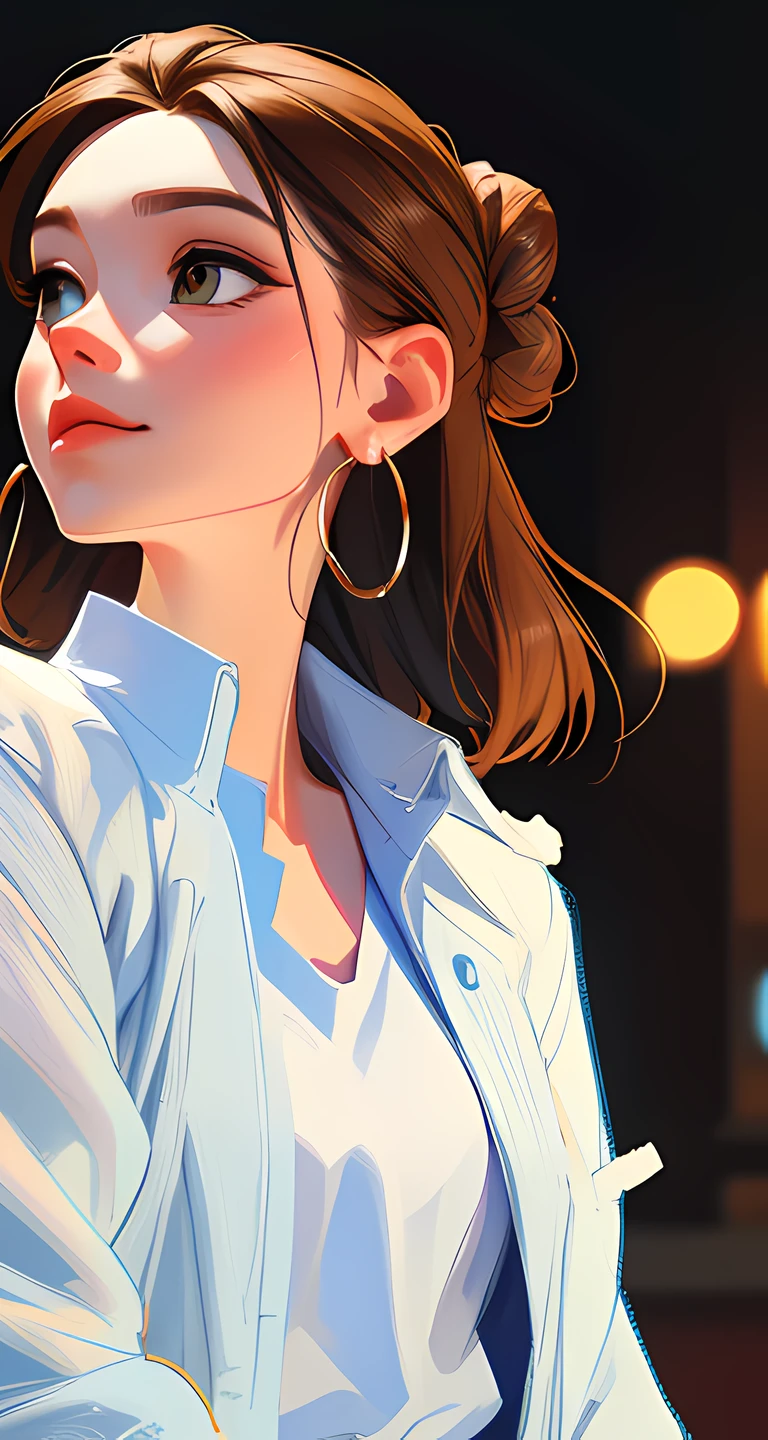 The environment is blurry and elegant, Model, High contrast required, jewels, earings, Upskirt, Shirt, jacket, brown hair, white shirt, A bracelet, hair bun, single hair bun, long skirt, closed mouth, Hoop earrings, blue jacket, sleeves rolled up, Revealing clothes, makeup, white skirt
