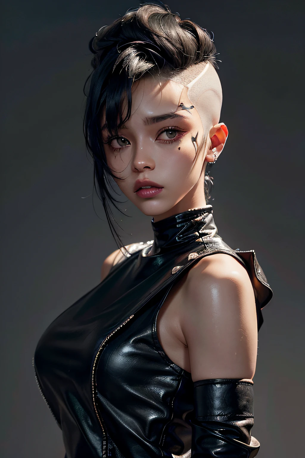 a 30 yo woman,(hi-top fade:1.3),long hair,dark theme, soothing tones, muted colors, high contrast, (natural skin texture, hyperrealism, soft light, sharp),
