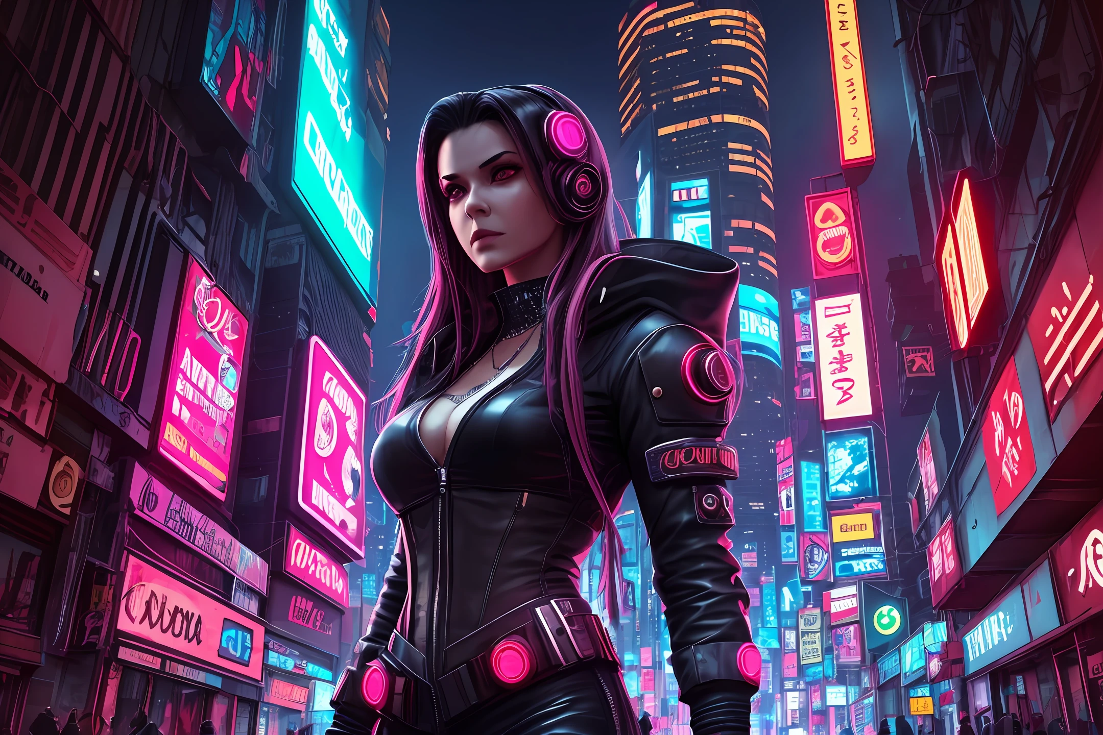 Uma imagem de um detetive cyberpunk, Dressed in a futuristic and seductive outfit with enhanced technology, navigating the neon-lit streets of a dystopian metropolis at night. The scene fuses elements of the cyberpunk aesthetic with detective noir, criando uma atmosfera cativante e misteriosa. --auto --s2