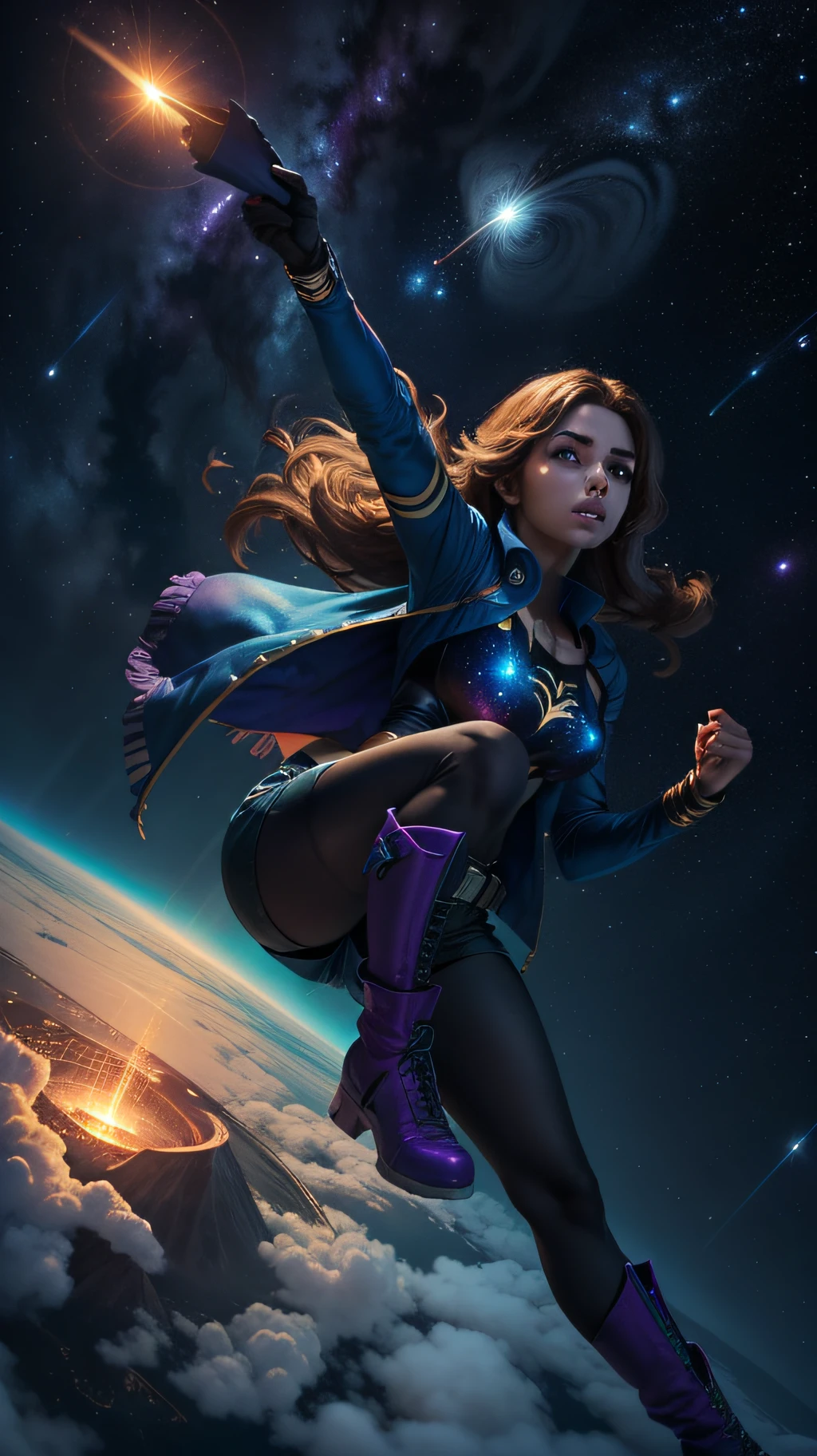 Uma garota, (((solo))), (16 anos, cabelo curto e preto, e olhos pretos, pele morena, nariz pontiagudo), (She's the superhero, His uniform is blue and purple like a galaxy, com um shorts curto, com estampas de estrelas, long pantyhose and boots), (She's flying in a night sky, com seus poderes de luz), close up