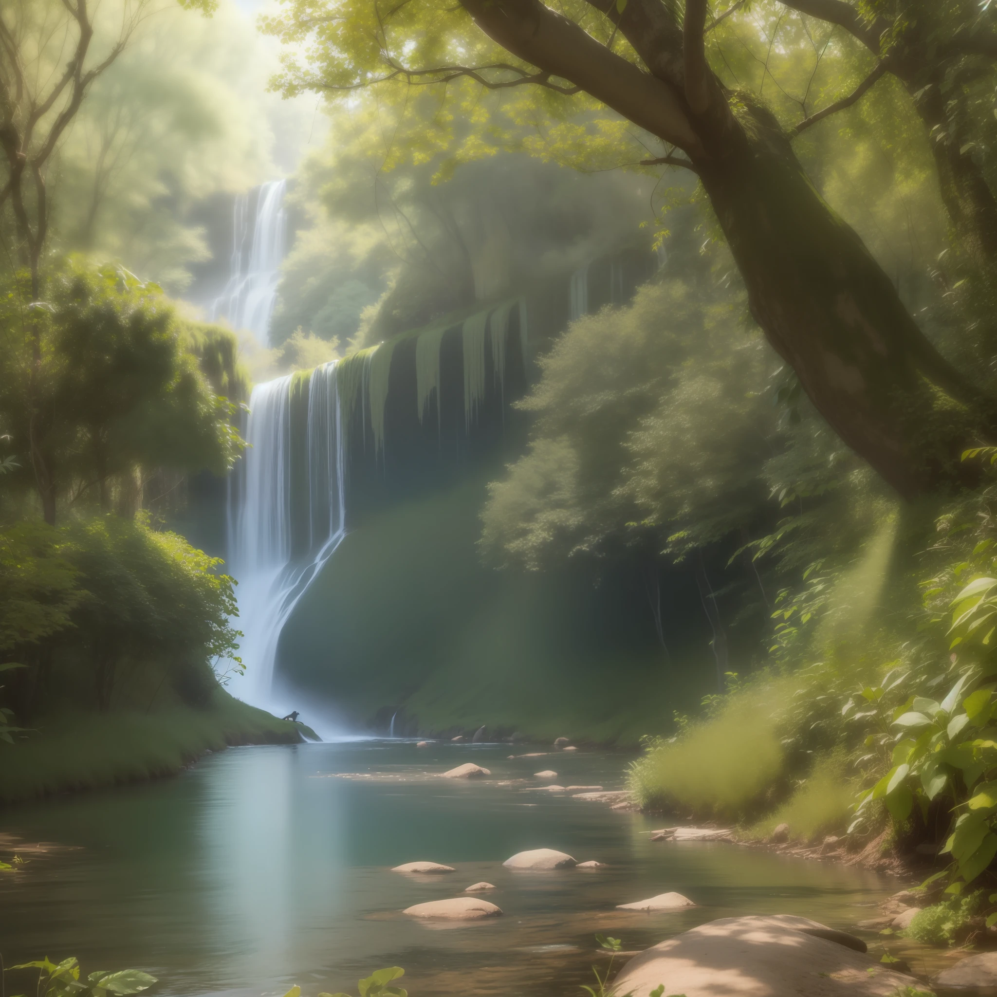 Close-up of a large tree. De fondo difuminado de una jungla espesa con un lago y una cascada. Pintura digital. Muy detallado. Colores vivos. Alta calidad. 8k photorealistic