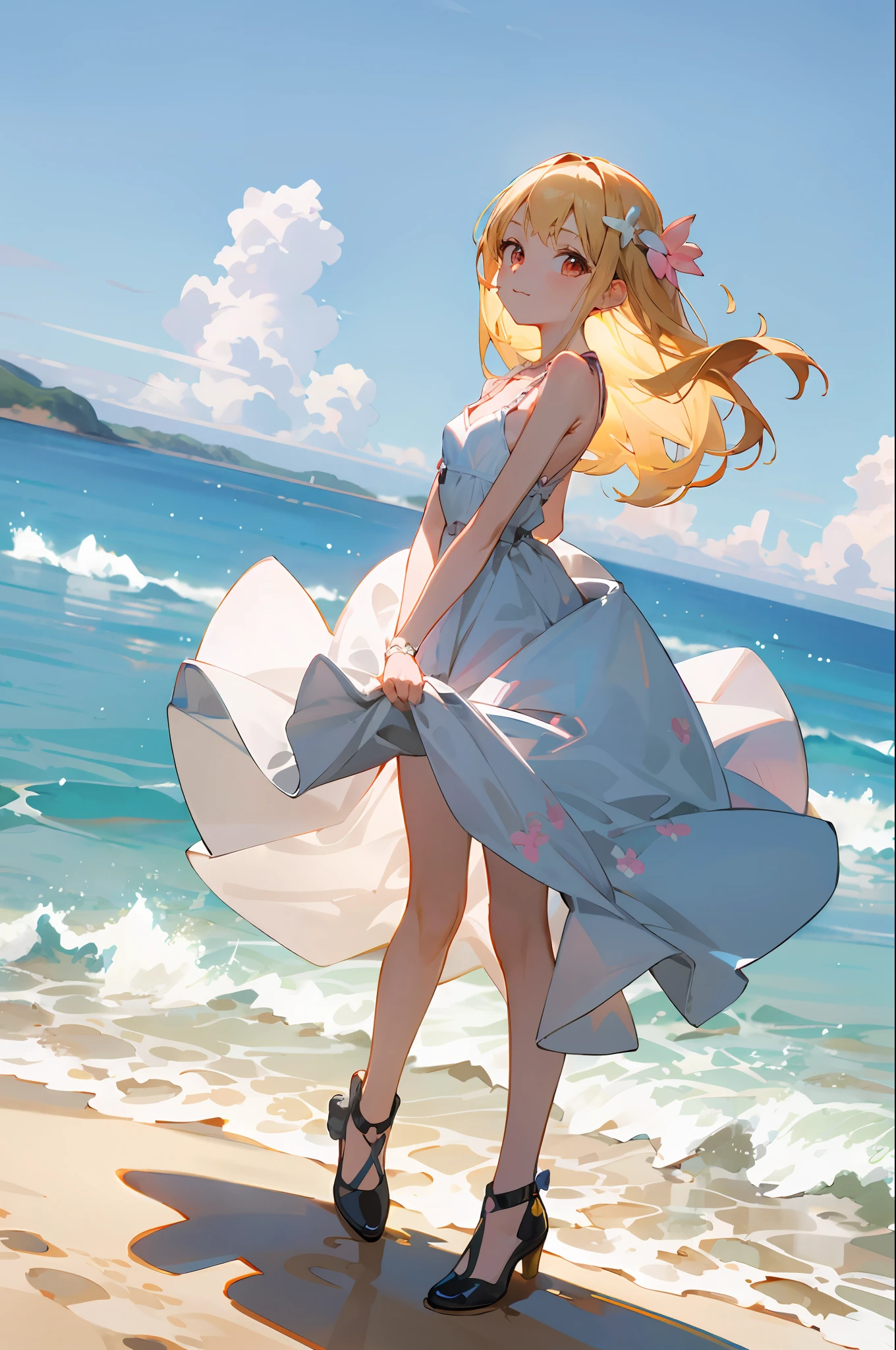 absurderes, hight resolution, ((masutepiece)), animesque、((Best Quality)), (Ultra-detailed), ((Extremely detailed)), (Beautiful), ((Kawaii Girl)), (Lori:1.8), 独奏,(Infant 10 years old:1.6)、Beautiful face, full body Esbian、Detailed golden glowing eyes、long blonde hair with shiny、fluffy hair、Hair in the wind、Cute white dress、Pink floral hair ornament、Slender girl, (Small breasts:1.6)、BREAK、The upper part of the body、Midsummer Sea、Walking along the sandy beach、Gentle face、low angles、Lifted skirt、Ashamed