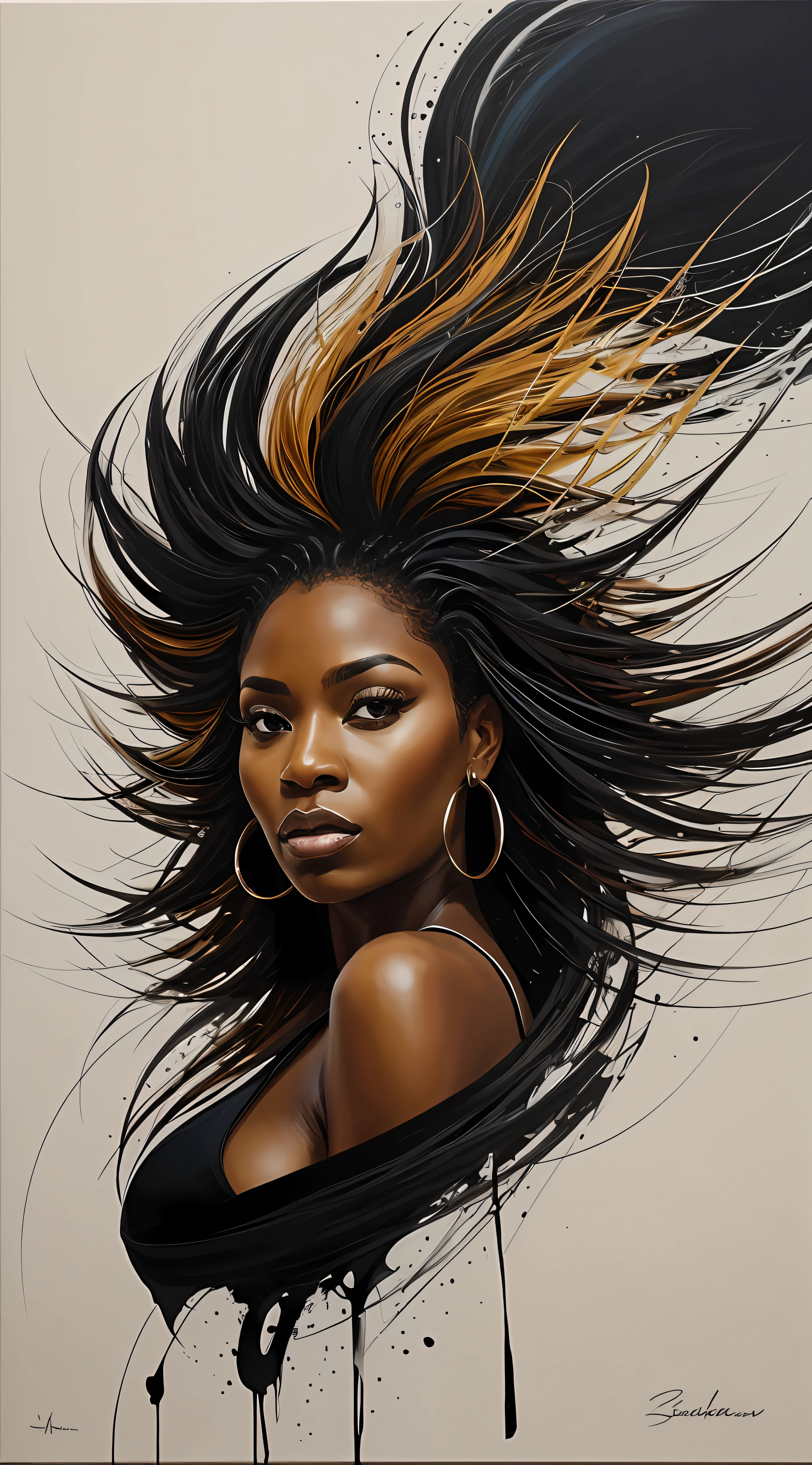 An abstract depiction of a black woman, 40 anos, cabelos cacheados negros, showcasing her strength and resilience through dynamic brushstrokes and bold colors. The artwork exudes a sense of power and determination, representing the indomitable spirit of black women. This style is suited for a contemporary and empowering wall art piece.