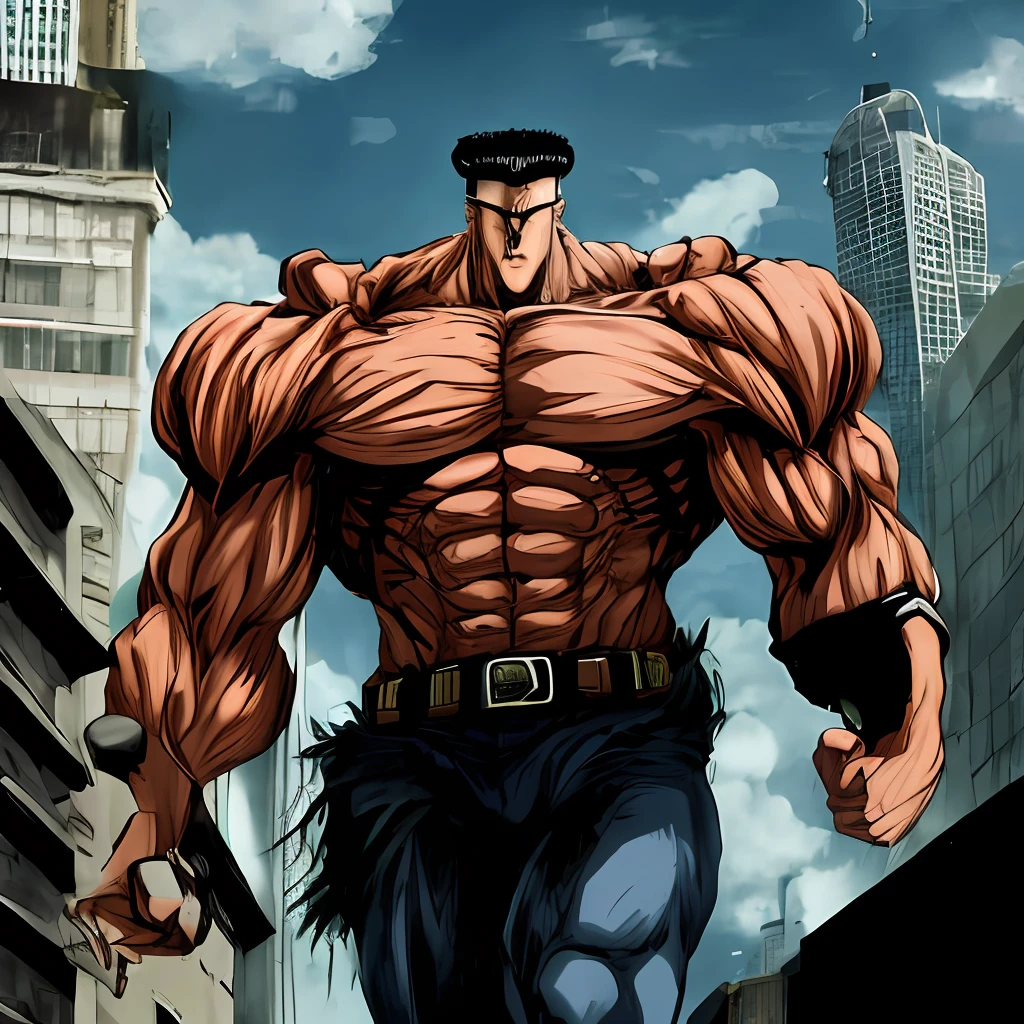 --Toguro --1 Batman --muscular --strong --giant --big --bad guy --walking towards a building with people screaming, --skyscraper building --people in window, --anime --obra prima --obra prima do anime,