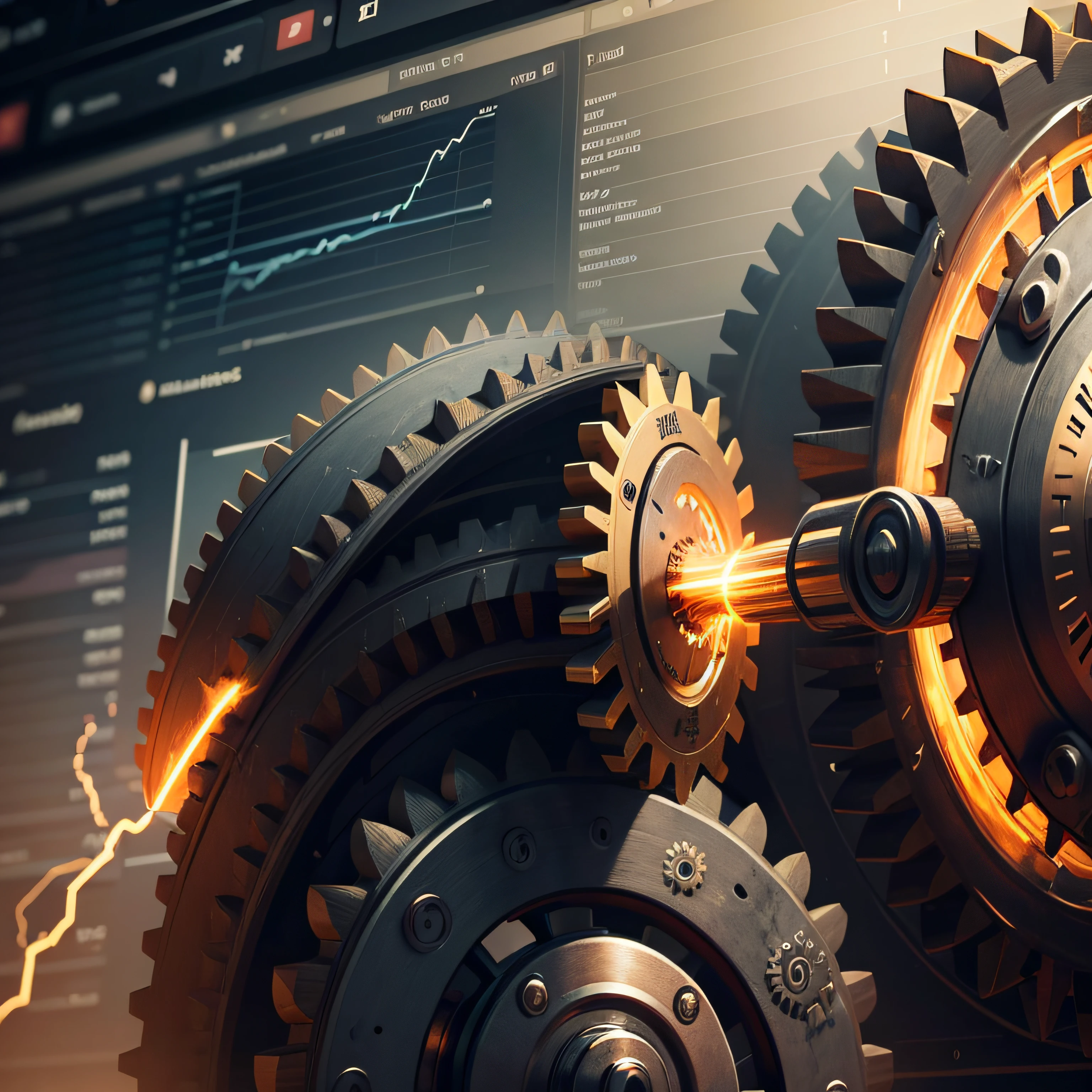 Make a dark wallpaper involving gears, lightning and investment charts --auto