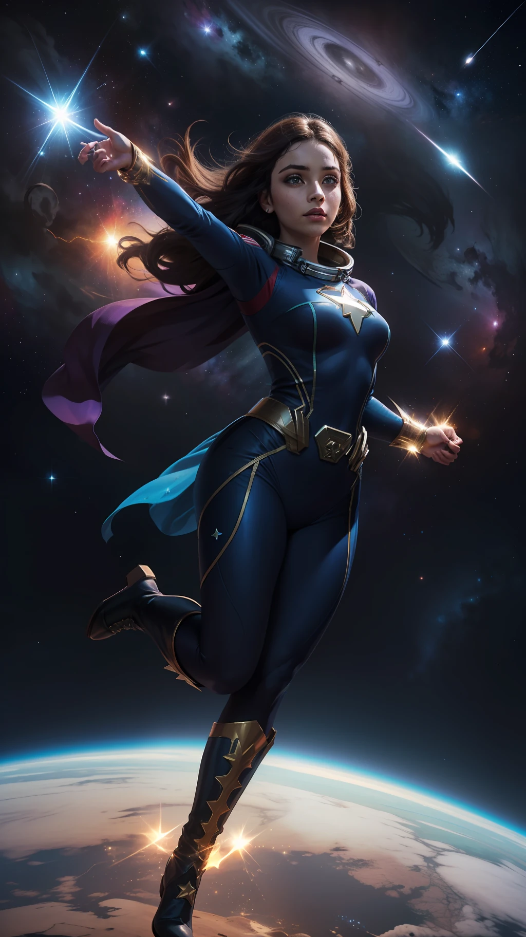 Uma garota, (((solo))), (magra, 16 anos, pele morena, olhos escuros, brasileira, cabelo liso bem curto, nariz pontudo), (Superheroíne, usa um uniforme azul e roxo com estrelas brilhantes estampada, usa uma meia longa, uma bota de salto roxa, capa longa com estrelas, a galaxy symbol on the chest), (She is flying in outer space with her white light powers)