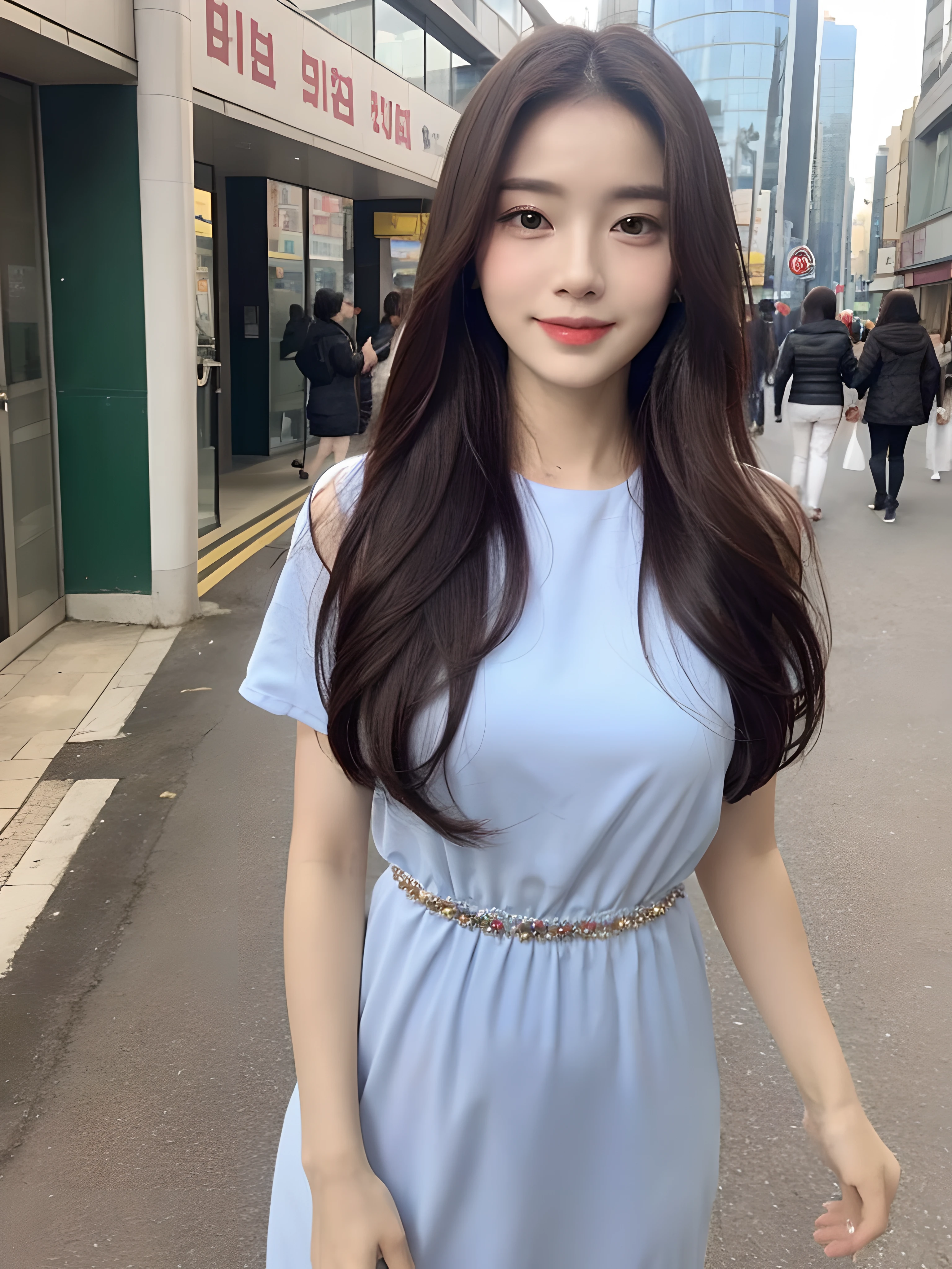 ((Best Quality, 8K, Masterpiece: 1.3)), Fat Body Beauty: 1.4, 30 years old, mature, Bust fullness: 1.6, Thigh Volume: 1.6, Highly detailed face and skin texture, Delicate eyes, Double eyelids, Chubby face, thin lips, smile, fair skin, (dress: 1.6), Standing posture, city street background