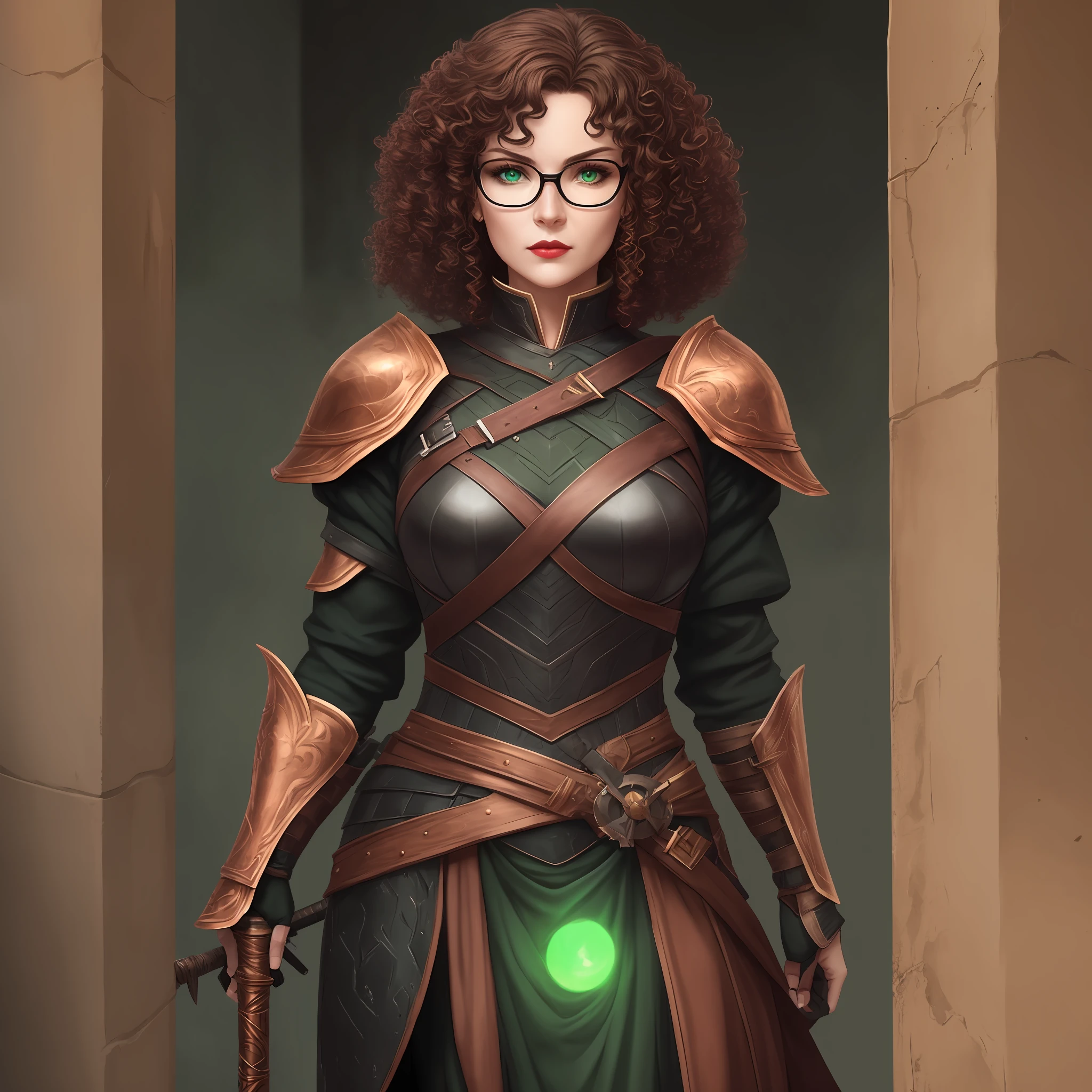 Wise, battle hardened, full figured, round faced, middle-aged female mage, donning glasses over her large almond-shaped dark green eyes. She wears black armor. Her dark brown and copper hair is short and curly, she has full dark maroon lips and is armed with a formidable staff."