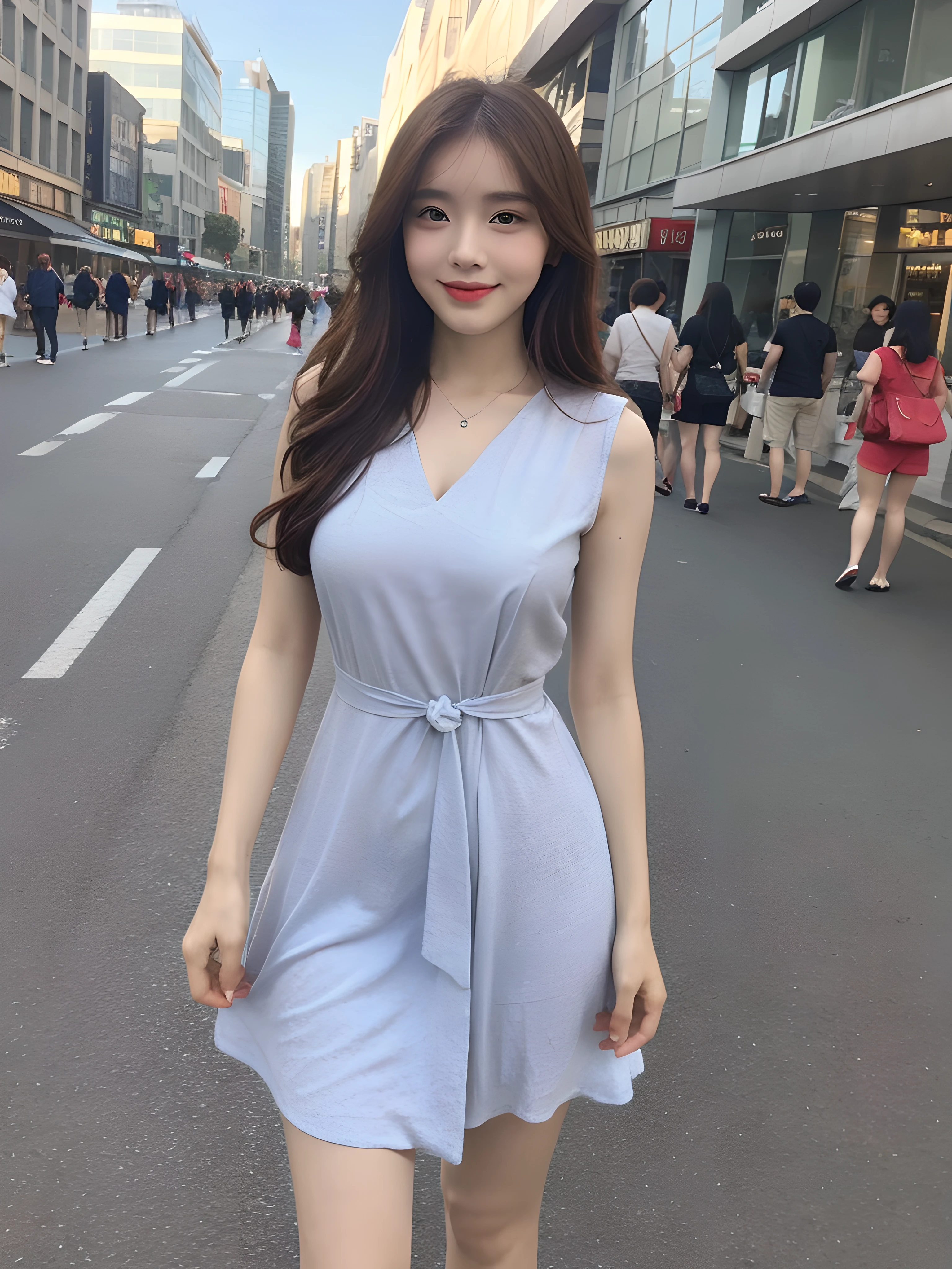 ((Best Quality, 8K, Masterpiece: 1.3)), Fat Body Beauty: 1.4, 30 years old, mature, Bust fullness: 1.6, Thigh Volume: 1.6, Highly detailed face and skin texture, Delicate eyes, Double eyelids, Chubby face, thin lips, smile, fair skin, (dress: 1.6), Standing posture, city street background