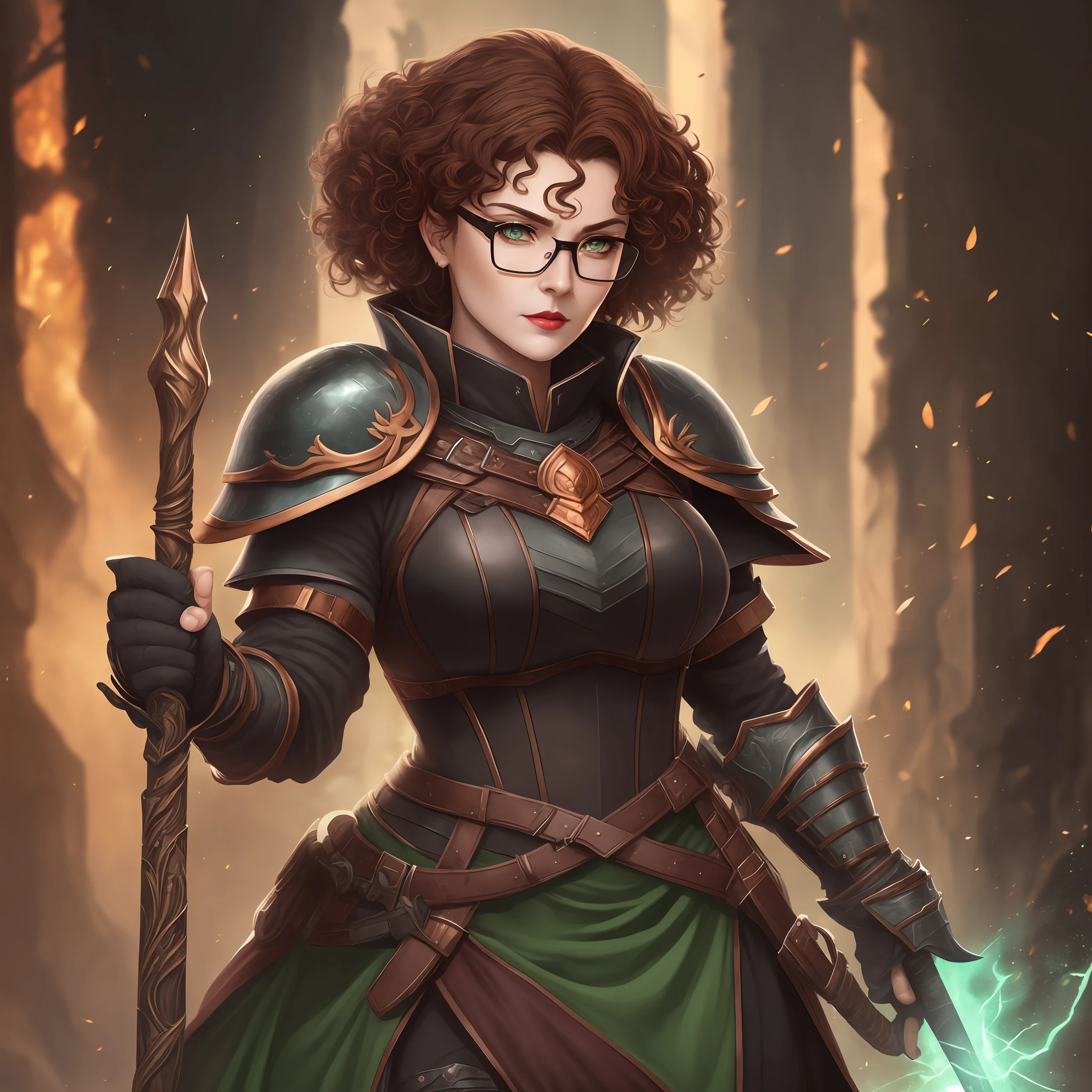Wise, battle hardened, full figured, round faced, middle-aged female mage, donning glasses over her large almond-shaped dark green eyes. She wears black armor. Her dark brown and copper hair is short and curly, she has full dark maroon lips and is armed with a formidable staff."