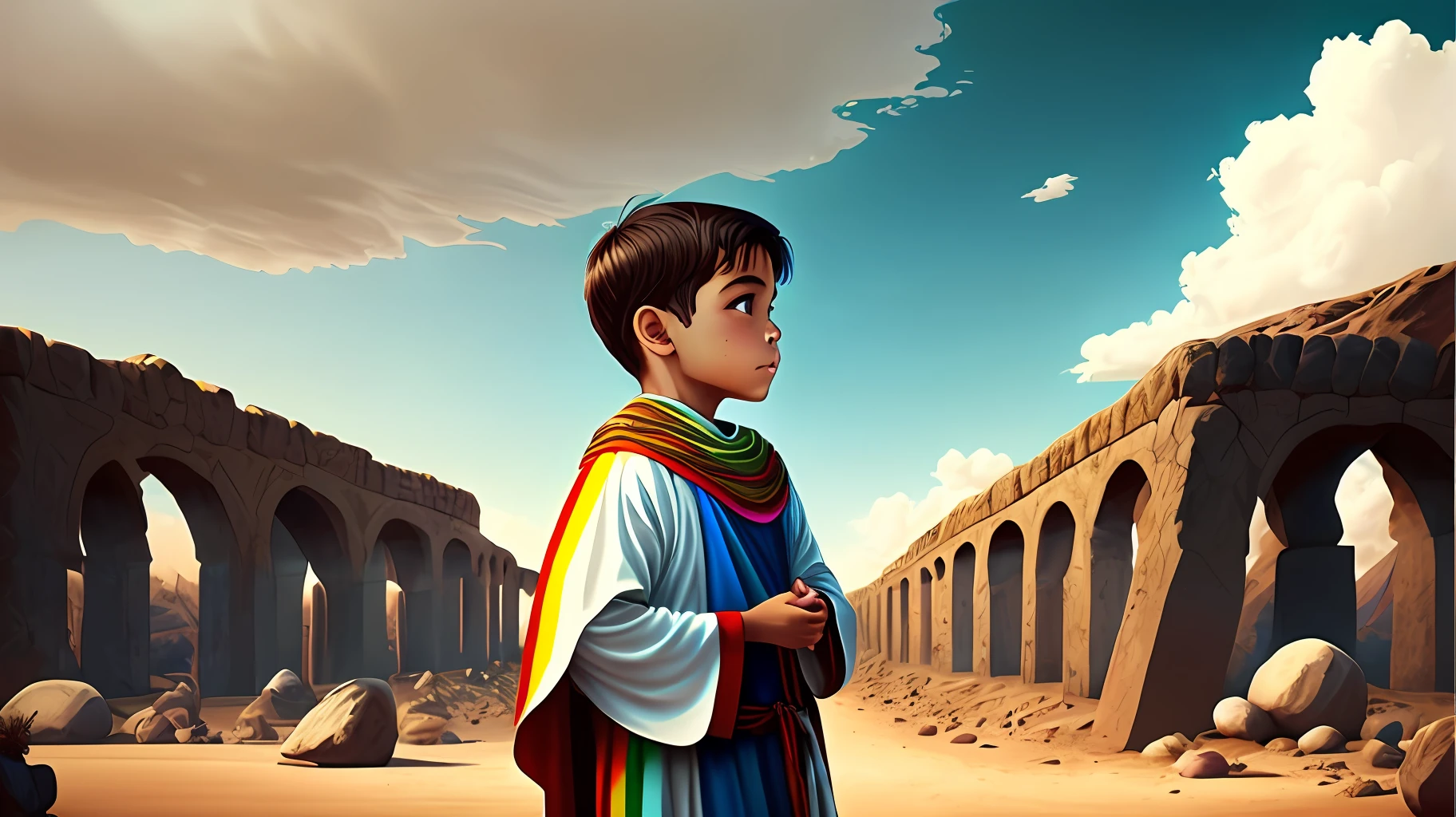 Young boy of about 16 years receiving a colorful tunic, Ancient garment from the time of the Bible. This tunic has several colors, almost all of them have in their very old father's rainbow in their 60s, The old man is wearing an old outfit from the time of the bible all white. O ambiente tem que ser em um local tipo o deserto do antigo Egito, mas sem nenhum monumento na imagem. --auto