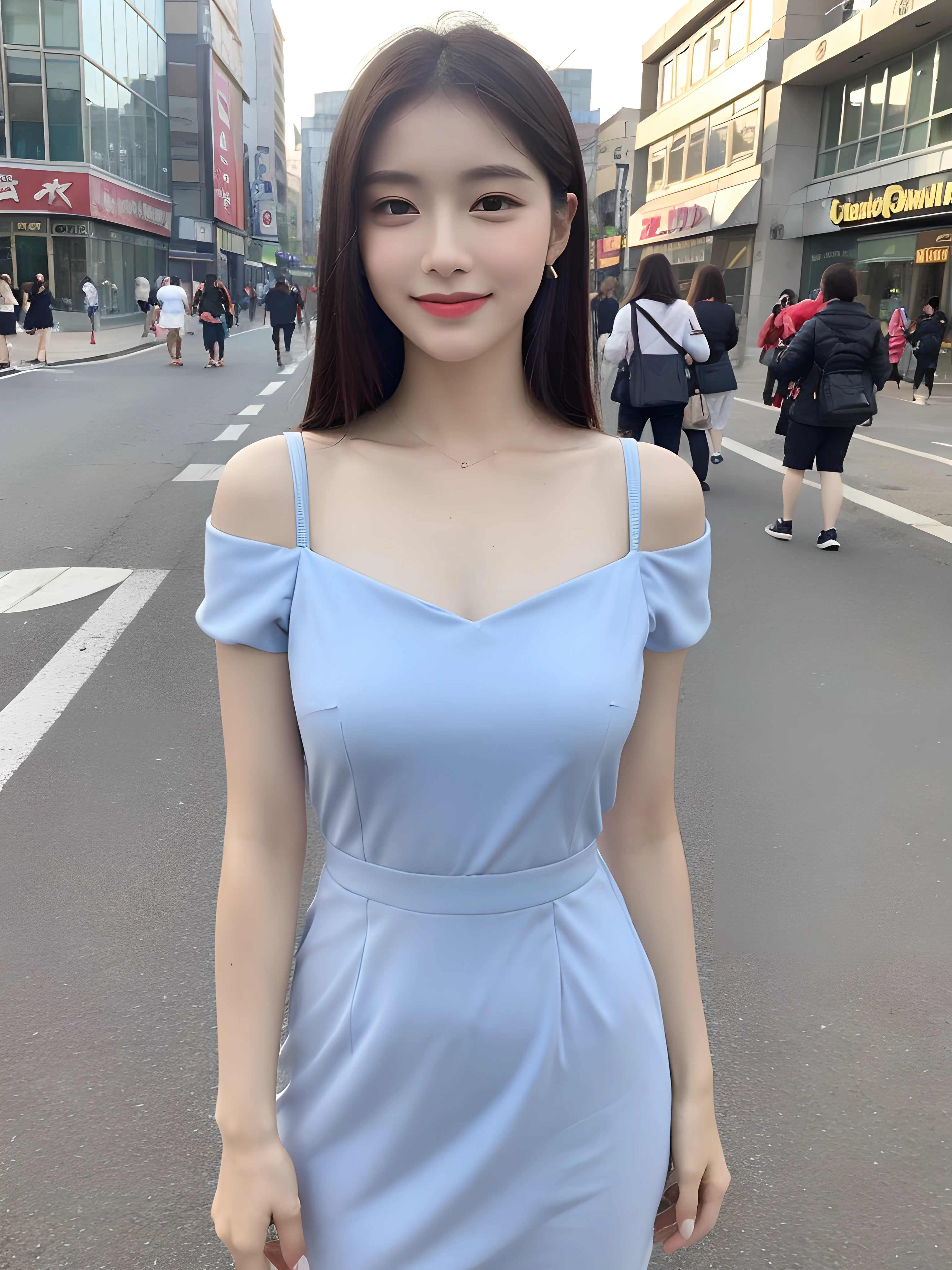 ((Best Quality, 8K, Masterpiece: 1.3)), Fat Body Beauty: 1.4, 30 years old, mature, Bust fullness: 1.6, Thigh Volume: 1.6, Highly detailed face and skin texture, Delicate eyes, Double eyelids, Chubby face, thin lips, smile, fair skin, (dress: 1.6), Standing posture, city street background
