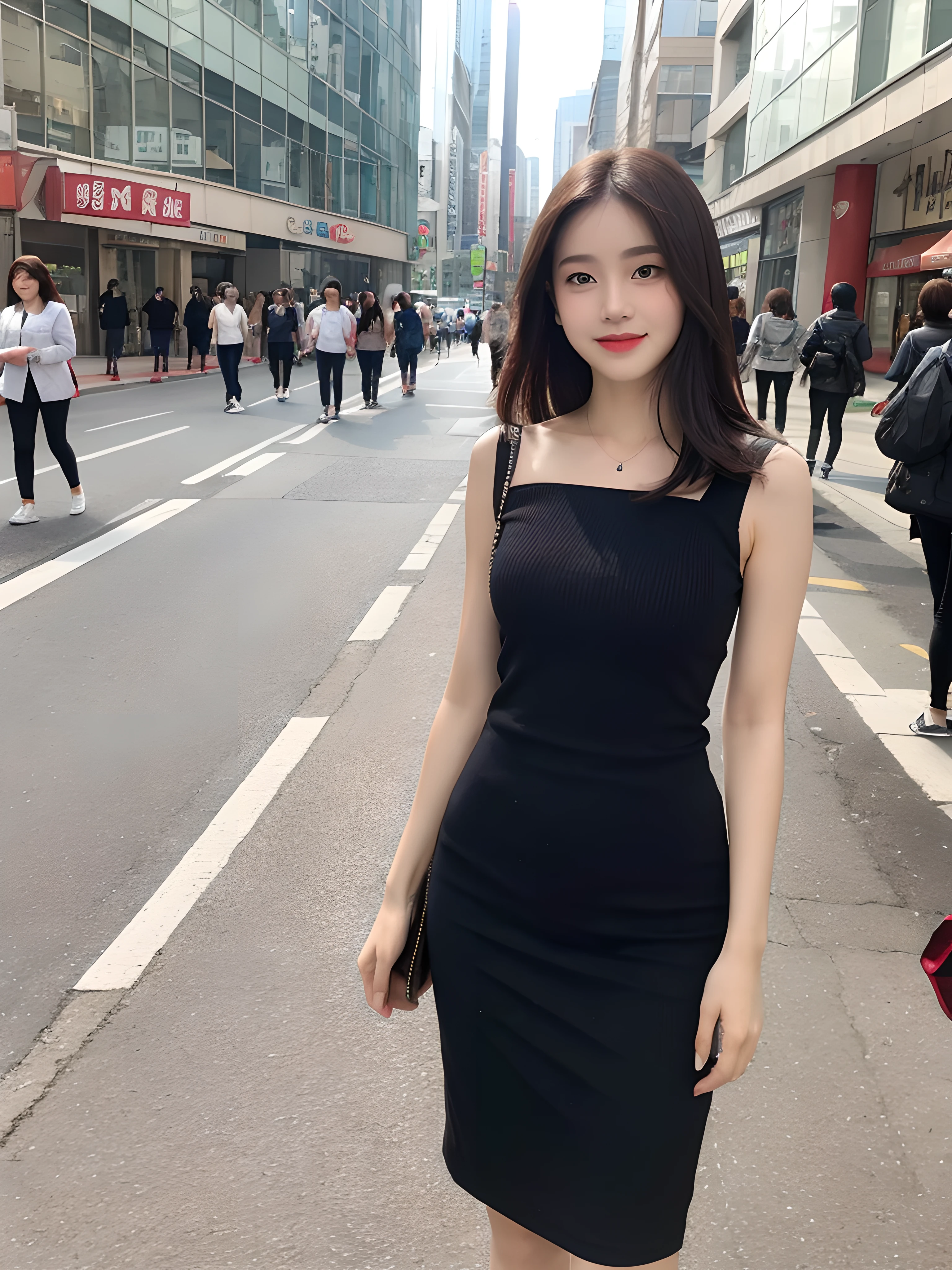 ((Best Quality, 8K, Masterpiece: 1.3)), Fat Body Beauty: 1.4, 30 years old, mature, Bust fullness: 1.6, Thigh Volume: 1.6, Highly detailed face and skin texture, Delicate eyes, Double eyelids, Chubby face, thin lips, smile, fair skin, (dress: 1.6), Standing posture, city street background