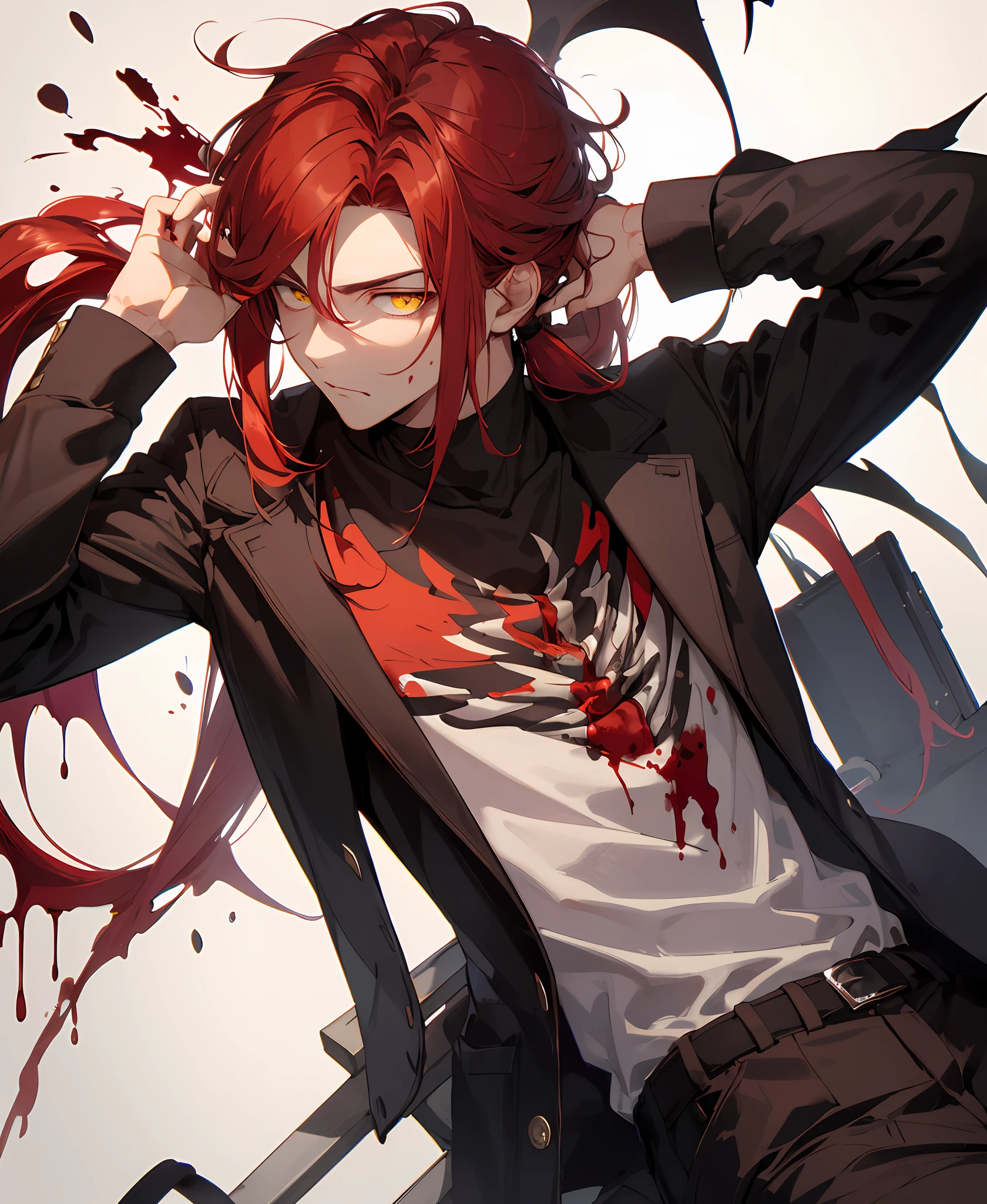 (masterpiece, best quality, high quality), 1young man, ((not impressed)), sitting, looking at the viewer, red hair, (long hair, disheveled hair), yellow eyes, :(, hair ponytail, black and red clothes, blood, sinister background