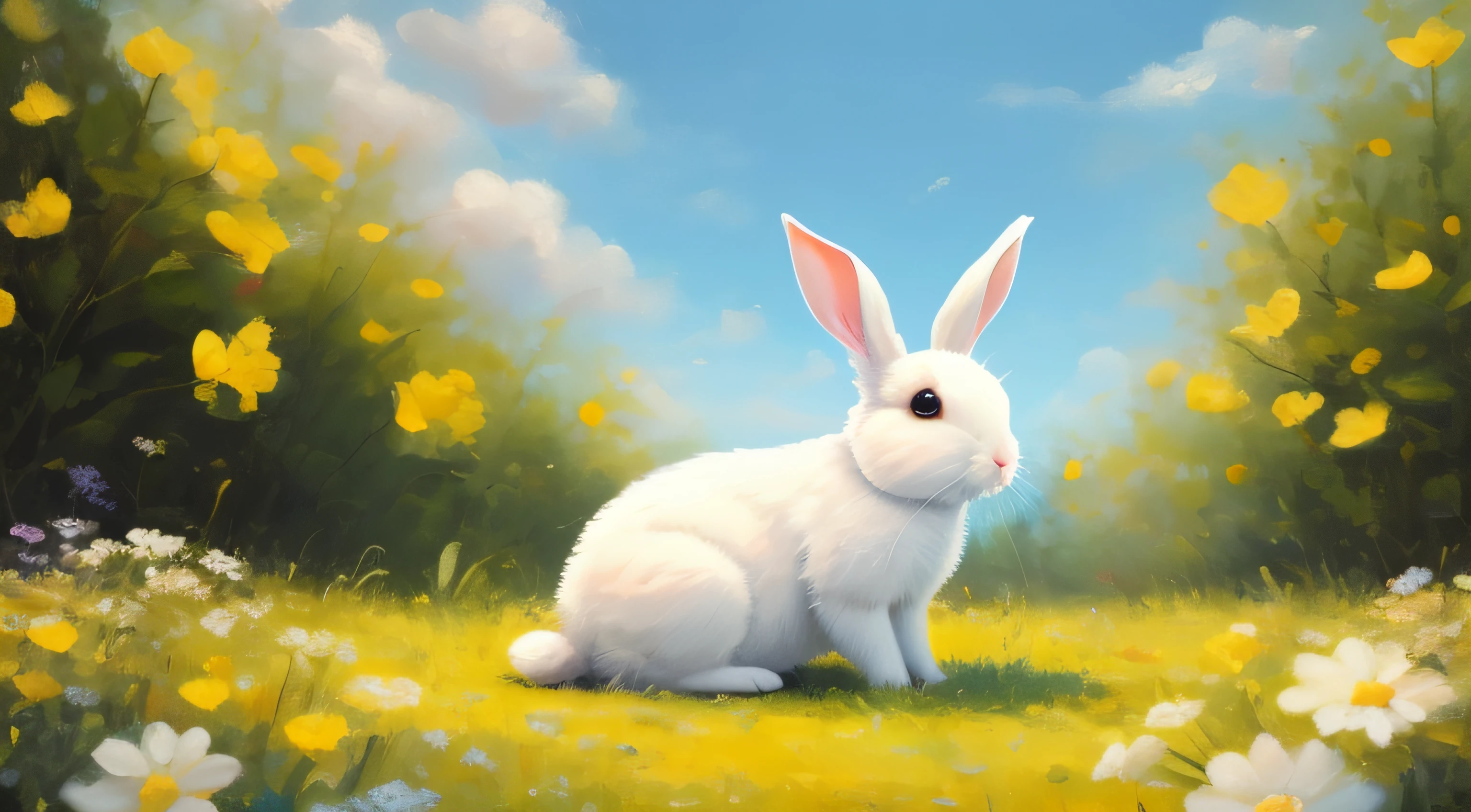 Adorable fluffy rabbit with big ears, sitting on the meadow, blue sky and lush summer forest background, super cute white bunny, hyper detailed, 32k resolution, oil on canvas, oil painting, highest quality, bright, sunny, colorful, summer day, ethereal, wall paper