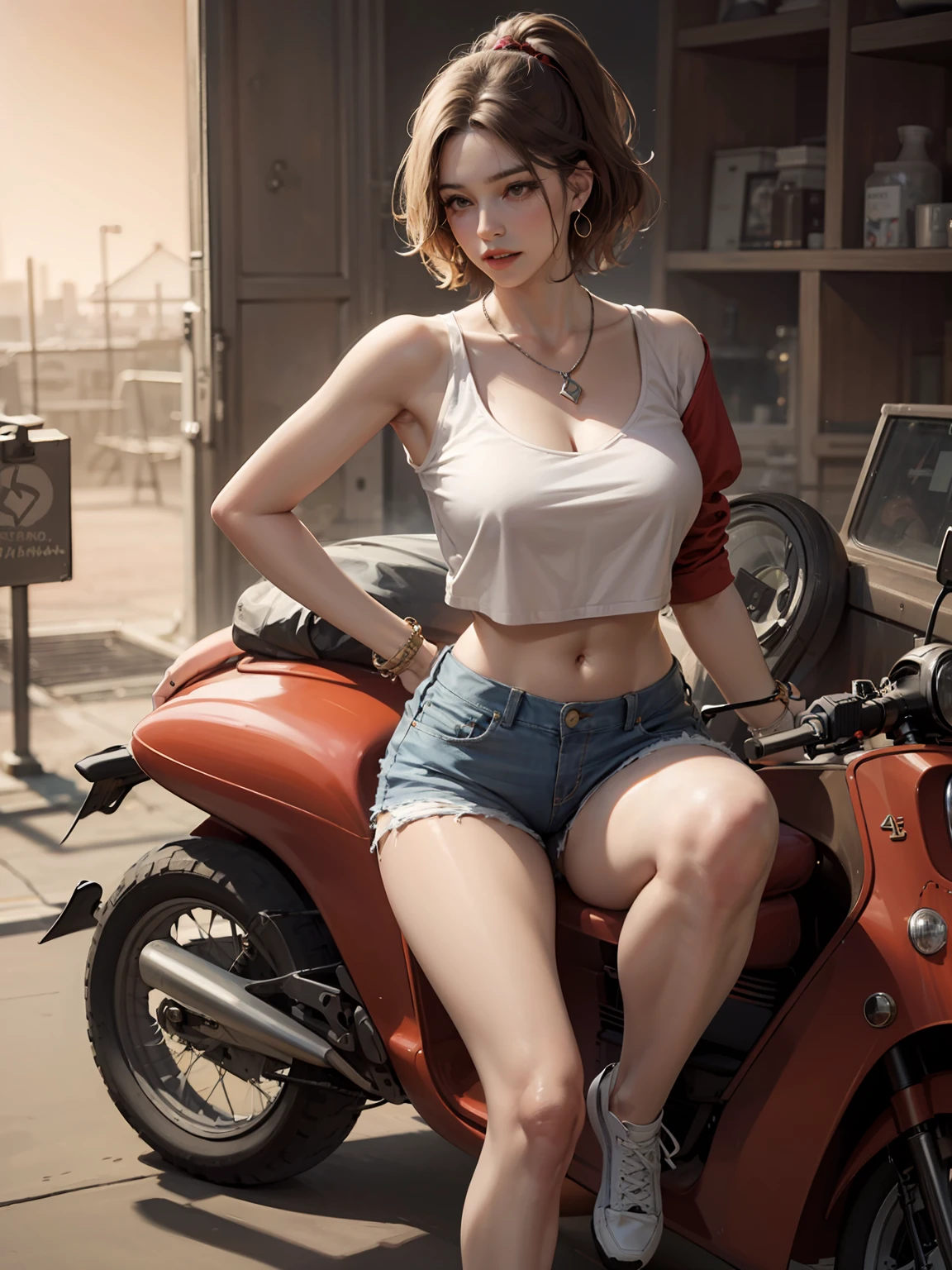 Best quality, full body portrait, delicate face, red short hair, hair band, forehead, 18 year old girl, slim figure, huge bust, leaning forward,loose crop top T-shirt, outline seen through the clothes, areola bulge, crotch gap, cameltoe, sexy shorts, string of G-string, sunset bridge, retro vespa behind, scene, standing tall, , necklace, rings, earrings, bracelet, watch, Chuck Taylor, spread legs