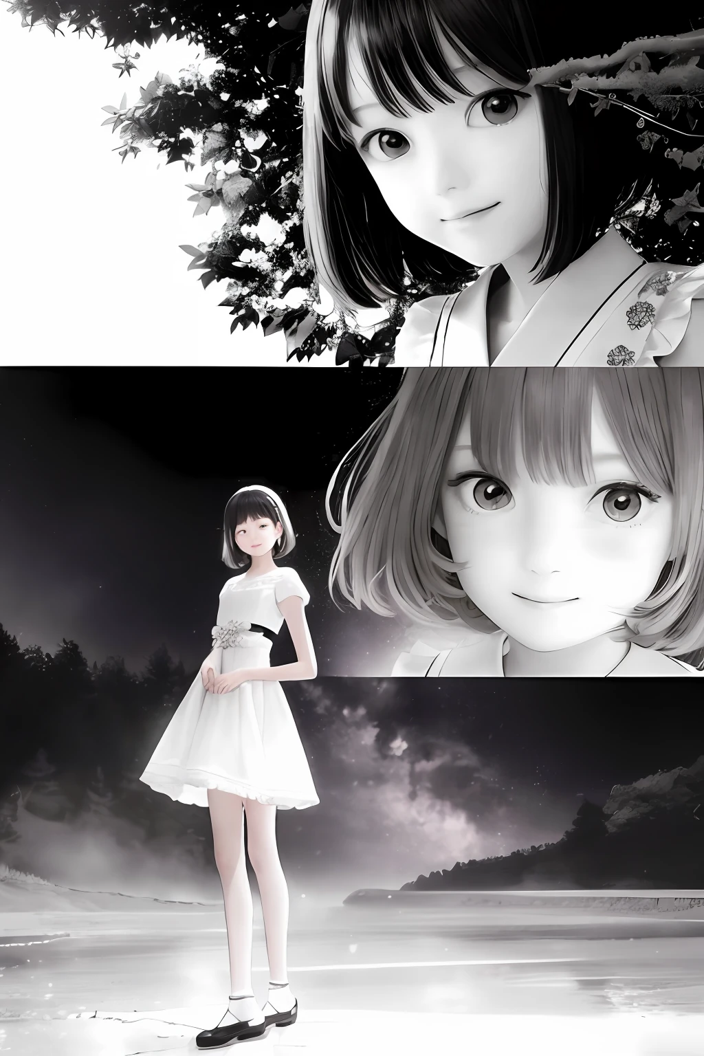 top-quality, No super high, 详细的脸, lifelike face, Photo Raw,
a park, standingn, a japanese girl, 10years old girl, beautiful countenance, smil, Black hair, Detailed hair, short-haired, shoe, White dress sheer, Summer_Dress, dress simple, Light Bright Dress, Cute white dress, , (with light glowing, Energetic, glad: 1.4), Japan eyes, small hairpin,
(nffsw:1.4), Dramatic, the complex background, cinematic, movie, (rutkowski, art stations:0.8),
insane detail, intricate detailes, Hyperdetar Hados, Low contrast, Soft Cinematic Lights, Exposure Blending, nffsw ,