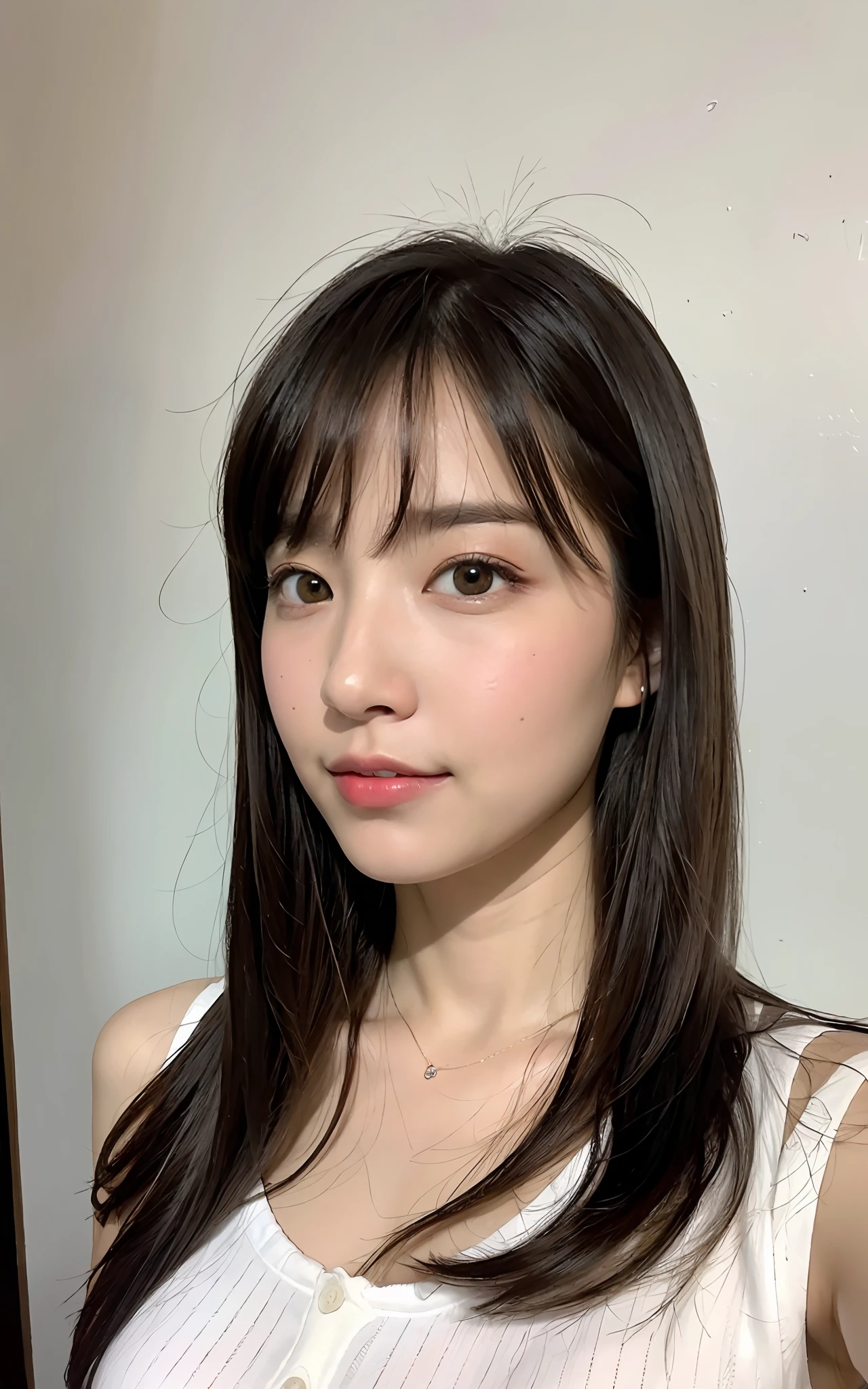 (8k, foto RAW, qualidade superior, obra-prima: 1.2), (realista, fotorrealista: 1.37), super detalhe, ultra high-resolution, Pio apple, uma garota, olhar espectador, sorriso, belos olhos detalhados, cabelo flutuante, cabelo curto, franja, textura da pele, cintura estreita, cintura fina, (curva: 0.4), umbigo, perna, film lighting, profesional lighting, rosto claro, peitos grandes, sentada em uma cama