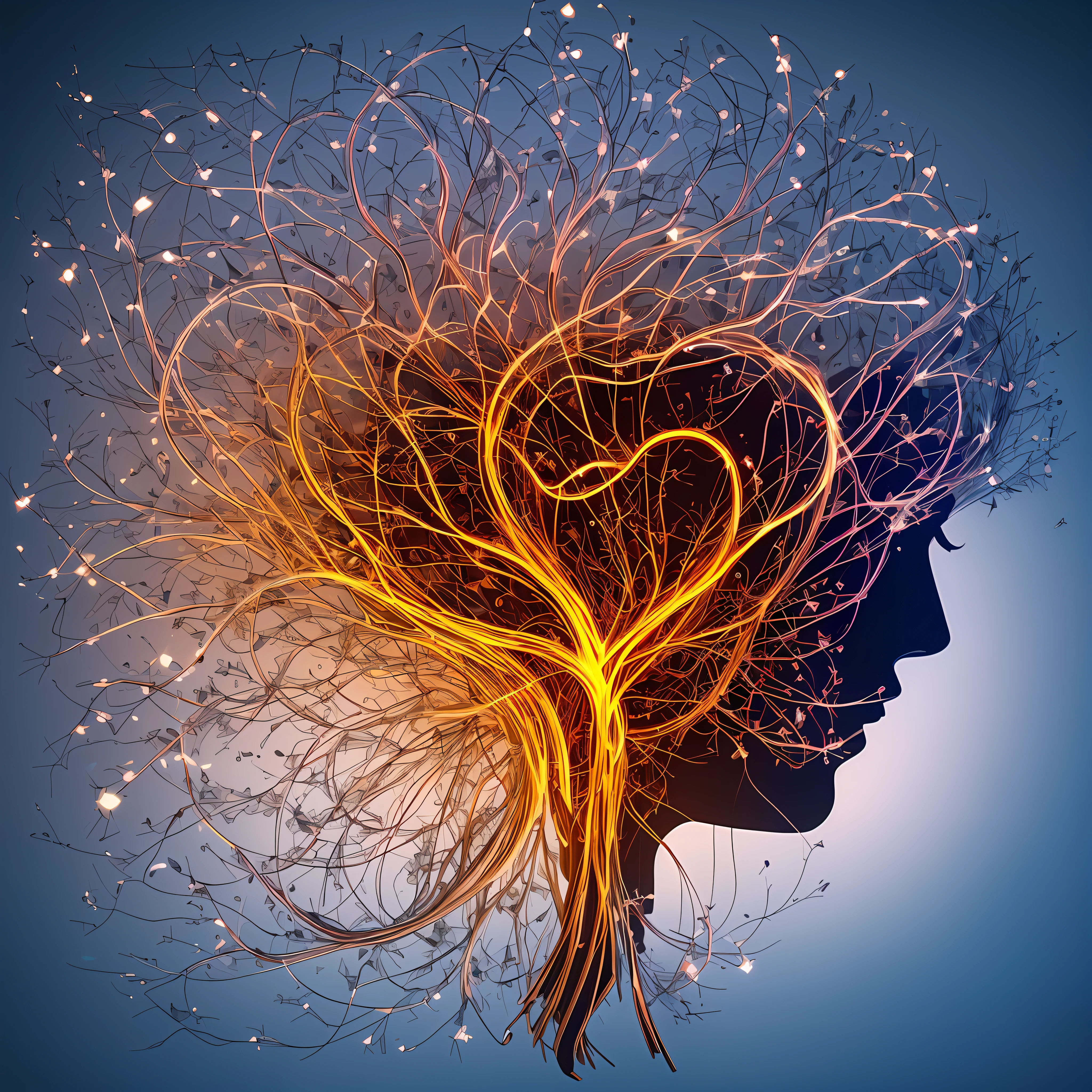 An image is a stylized brain, com dobras suavizadas e formas arredondadas. Ele representa a curiosidade intelectual e a busca por conhecimento. verticalmente. No centro da imagem, there is a silhouette in the shape of a brain. Esta silhueta cerebral tem um visual moderno e estilizado. The inside of the brain is filled with metallic and scintillating circuits. The circuits are interconnected to form a complex network. Metal parts and digital codes seem to move within the brain silhouette. Above and below the silhouette of the brain is a faint beam of light. The light beam indicates a source of artificial intelligence and makes the image dynamic. em um fundo azul suave, como "#0088cc", and a subtle gradient of the brain in shades of orange to yellow, como "#ffaa33" a "#ffd633". This gradient changes color with a smooth transition from top to bottom. The silhouette of the brain is drawn in a minimalist style and has sharp lines. The colors are vibrant and striking, but at the same time offer a modern feel. --auto