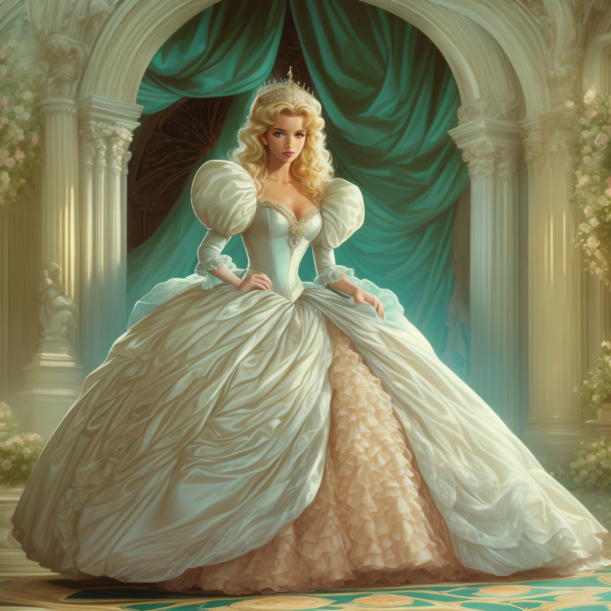 1980s fantasy film, A stunningly beautiful blonde Princess wearing a Stately Royal Cinderella Ballgown with (((enormous puffed sleeves))), an hourglass waist, and a huge crinoline hoopskirt