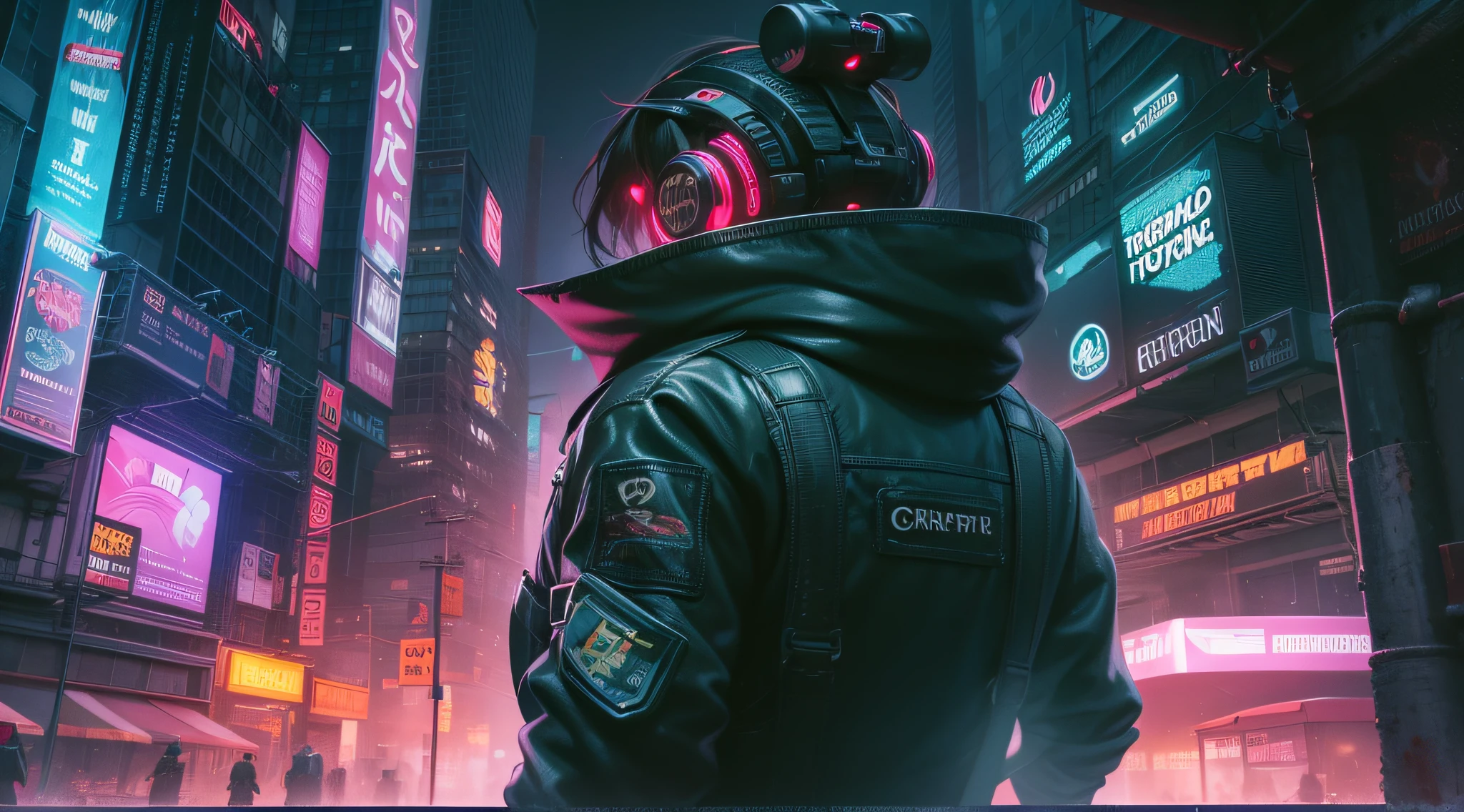 Uma imagem de um detetive cyberpunk, Vestido com uma roupa futurista e sedutora com tecnologia aprimorada, Navigating the neon-lit streets of a dystopian metropolis at night. The scene fuses elements of the cyberpunk aesthetic with the noir detective, criando uma atmosfera cativante e misteriosa.