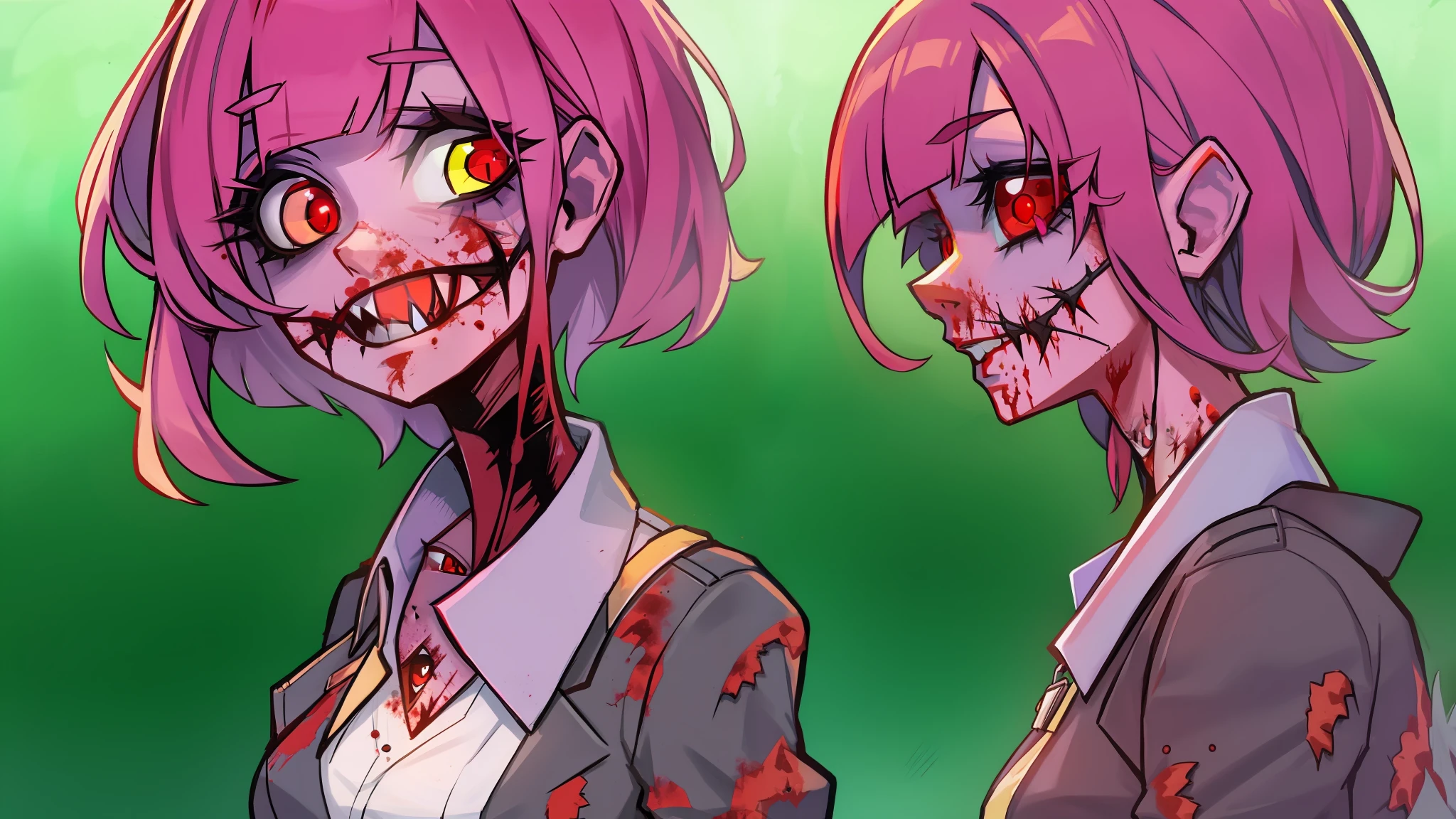 Recently mutated zombie woman+cuteness:red eyes+modern environment:no rot:no gore:not an apocalypse, just a person in another world.