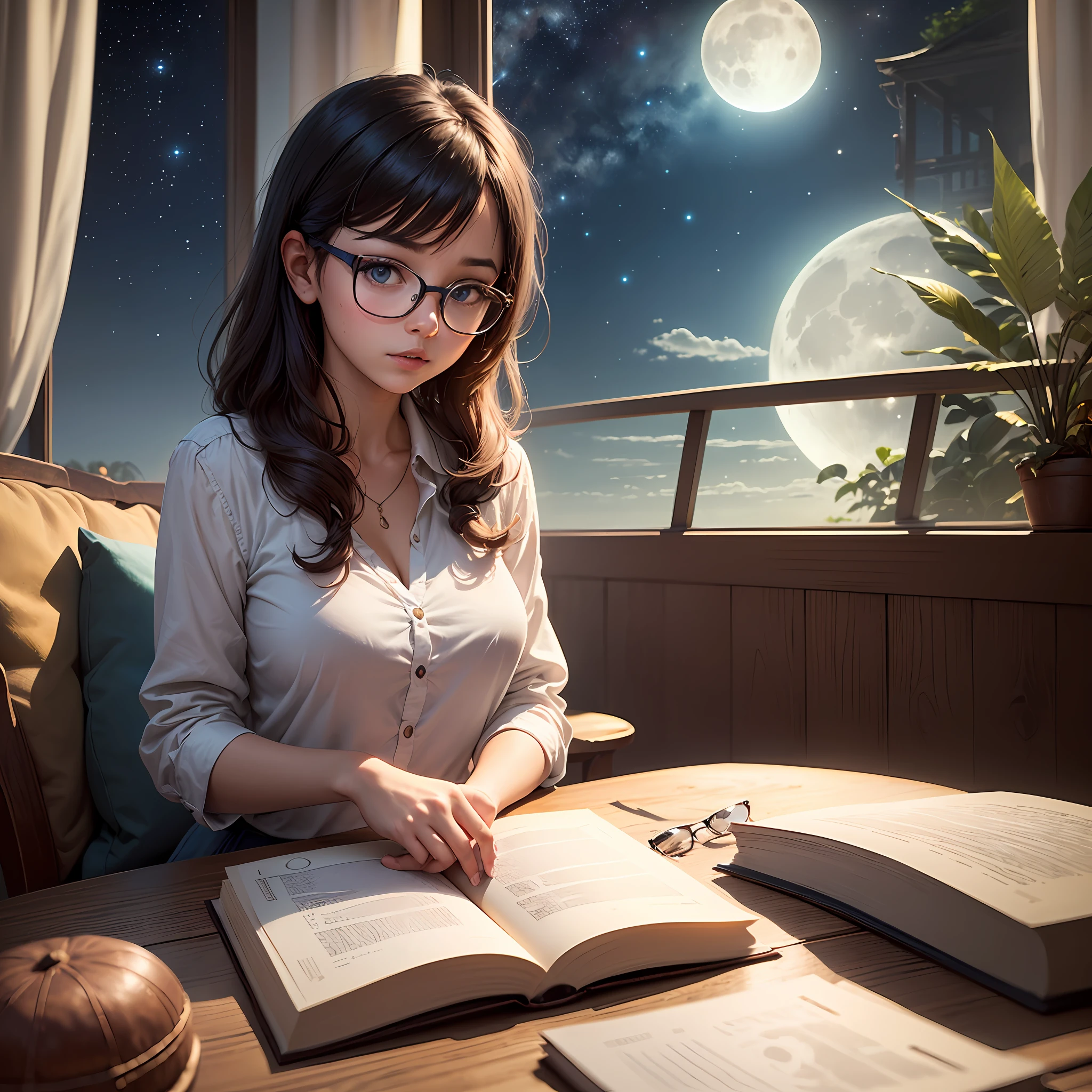 The place is a giant bridge, camera vista de baixo, sobras perfeitas, imagem perfeita, da pra ver o mar de fundo, (((stars are abundant in the sky) night sky,a girl is reading a book, The girl wears prescription glasses, a garota tem o cabelo preto liso e curto, The girl is looking at the book, You can see the gigantic moon from the window, only has one window --auto