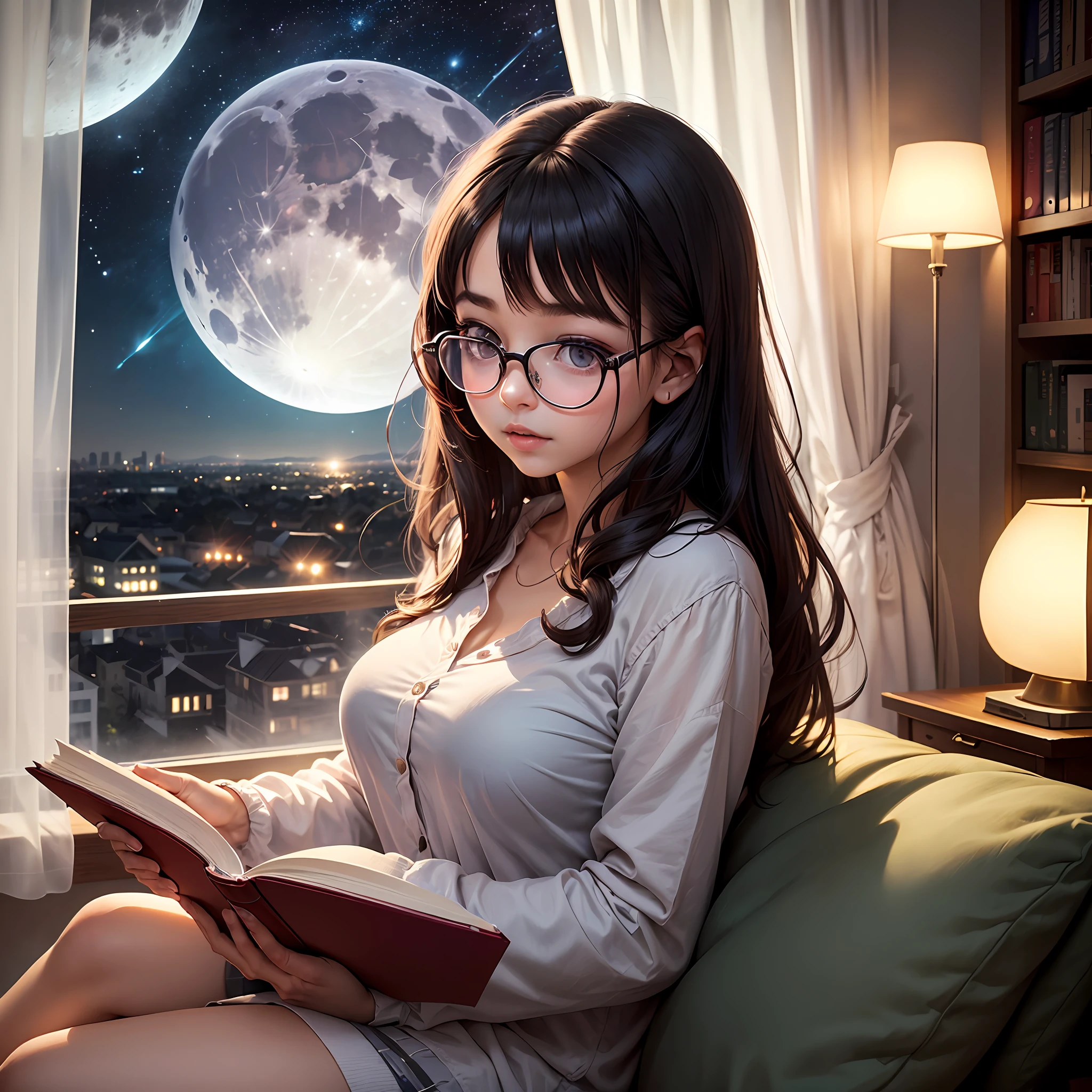 The place is a giant bridge, camera vista de baixo, sobras perfeitas, imagem perfeita, da pra ver o mar de fundo, (((stars are abundant in the sky) night sky,a girl is reading a book, The girl wears prescription glasses, a garota tem o cabelo preto liso e curto, The girl is looking at the book, You can see the gigantic moon from the window, only has one window --auto