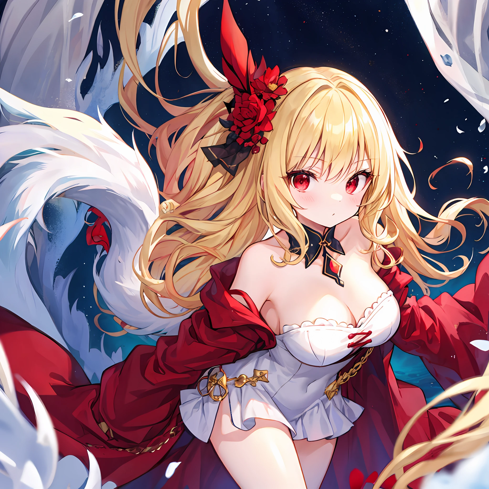 Wavy blonde girl、独奏、red eyes、Fluffy clothes、off shoulders、A sexy