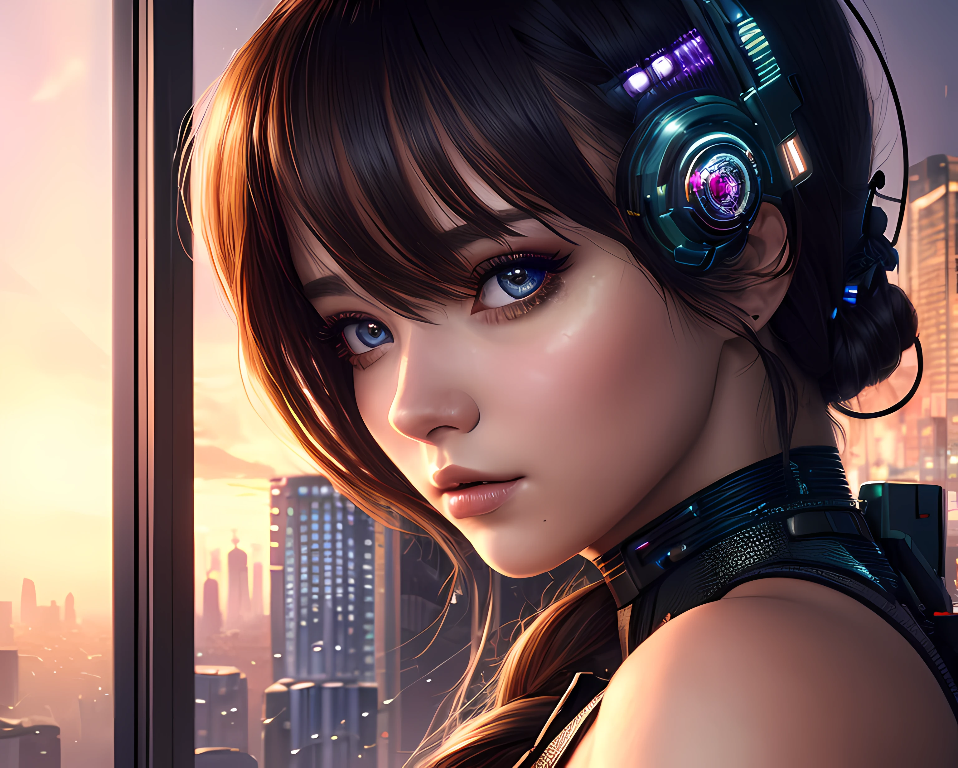 ((master piece)),best quality, illustration, 1girl, Look out the window, beautiful detailed eyes, (beautiful detailed cyberpunk city), beautiful detailed hair,
